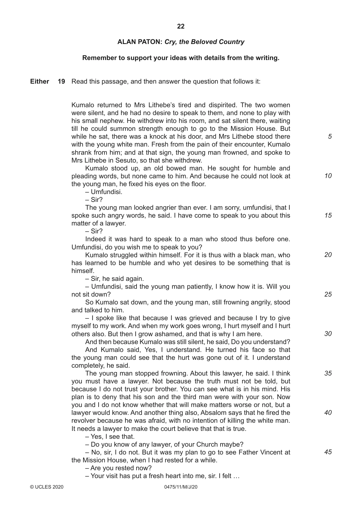 Cambridge IGCSE English - Literature in English 0475 2020 May/June Paper 1 · Variant 1 question paper, page 22 of 28