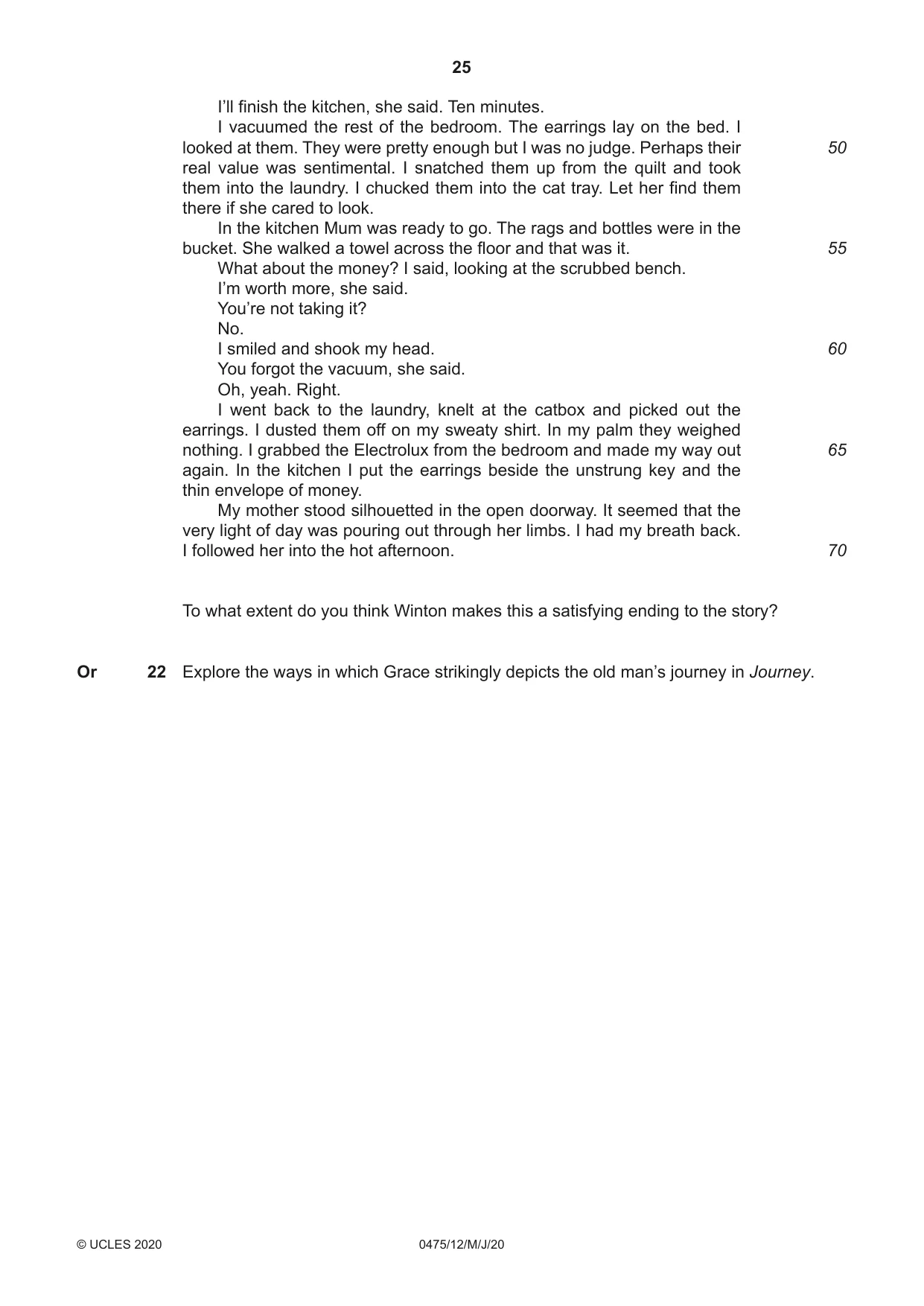 Cambridge IGCSE English - Literature in English 0475 2020 May/June Paper 1 · Variant 2 question paper, page 25 of 28