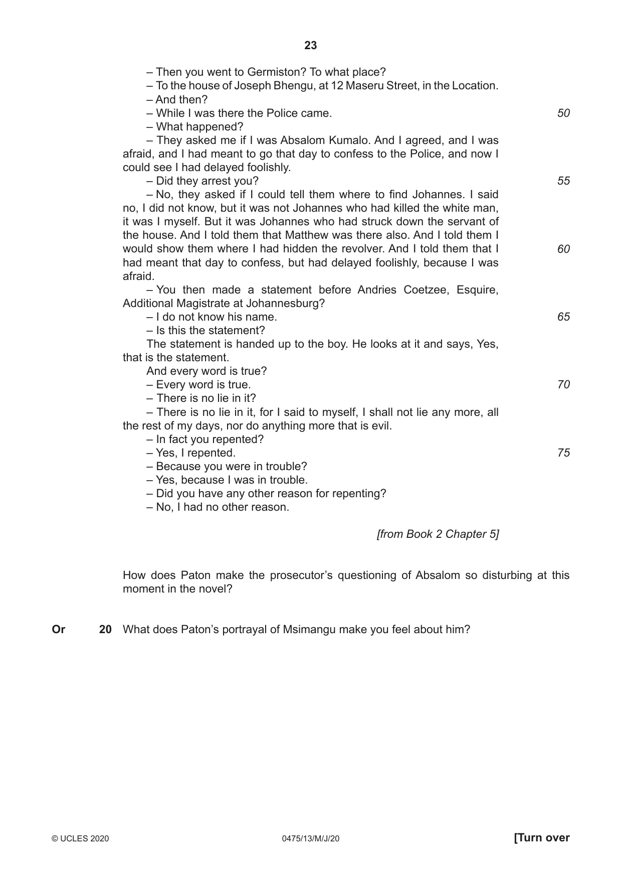 Cambridge IGCSE English - Literature in English 0475 2020 May/June Paper 1 · Variant 3 question paper, page 23 of 28