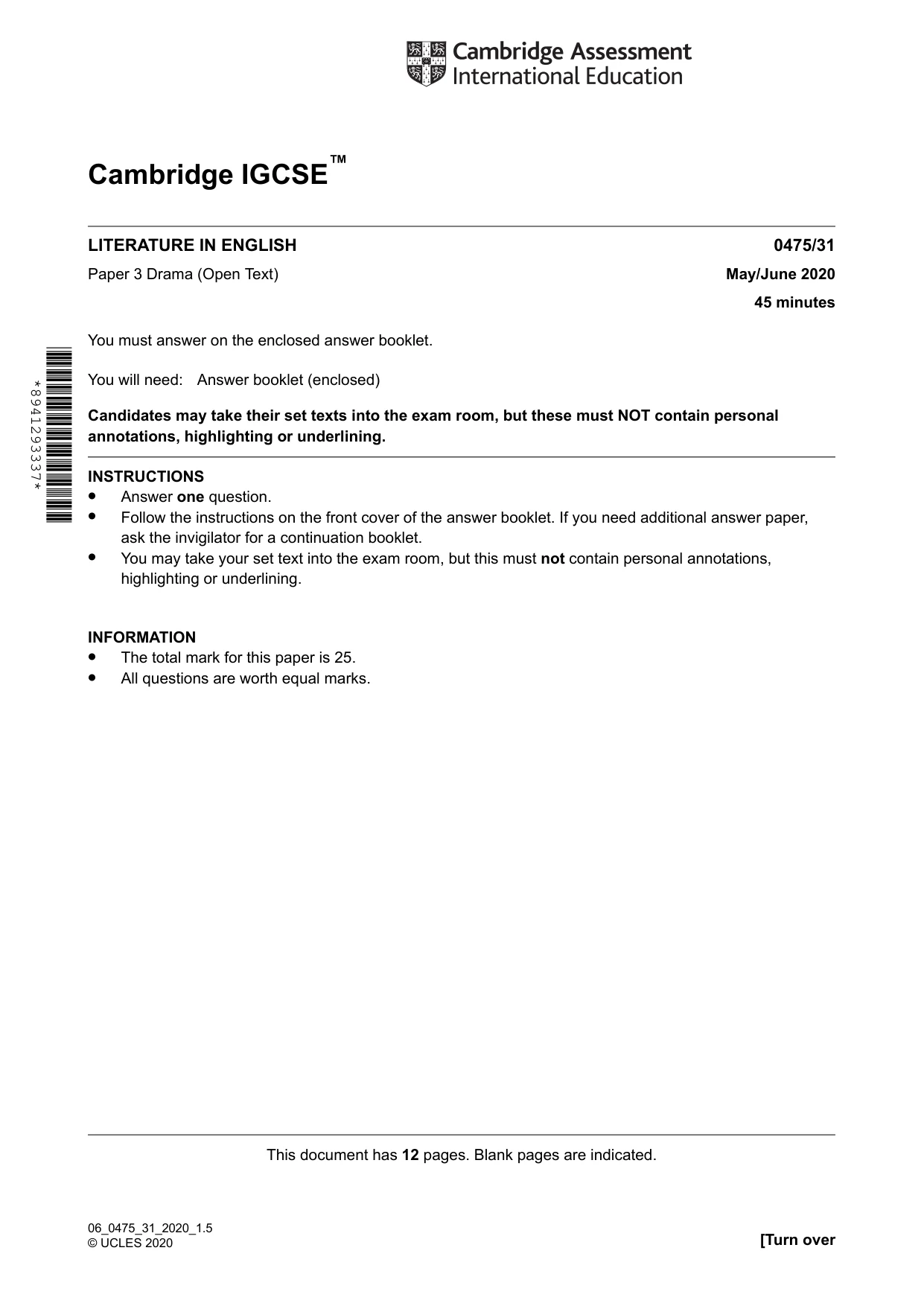 Cambridge IGCSE English - Literature in English 0475 2020 May/June Paper 3 · Variant 1 question paper, page 1 of 12
