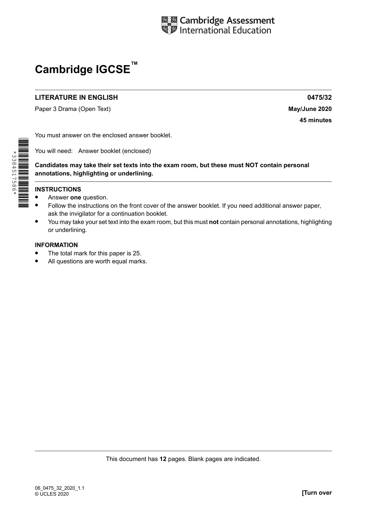 Cambridge IGCSE English - Literature in English 0475 2020 May/June Paper 3 · Variant 2 question paper, page 1 of 12