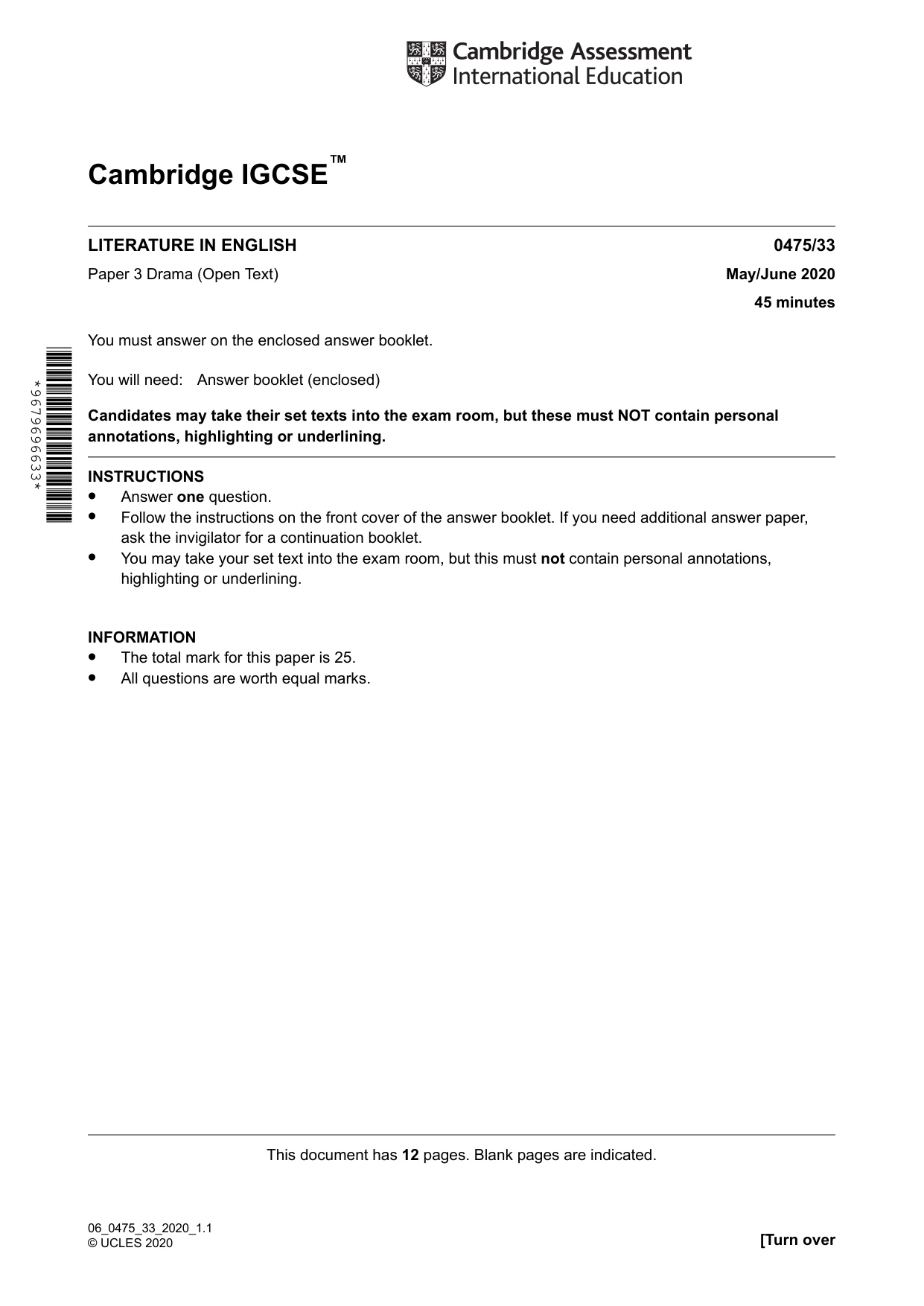 Cambridge IGCSE English - Literature in English 0475 2020 May/June Paper 3 · Variant 3 question paper, page 1 of 12