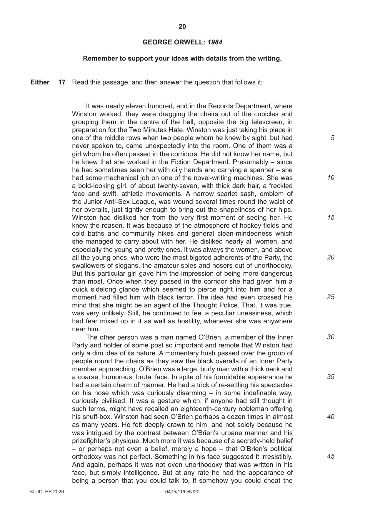 Cambridge IGCSE English - Literature in English 0475 2020 Oct/Nov Paper 1 · Variant 1 question paper, page 20 of 28