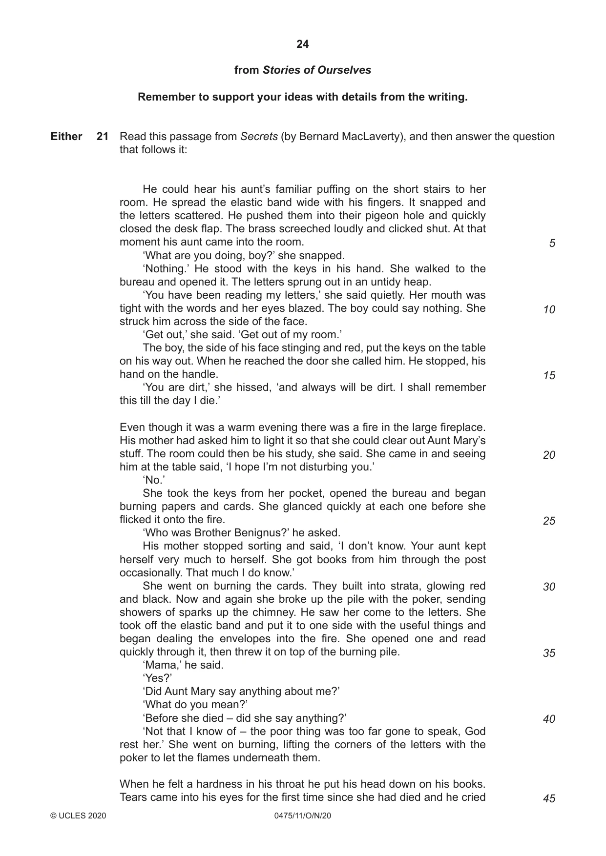 Cambridge IGCSE English - Literature in English 0475 2020 Oct/Nov Paper 1 · Variant 1 question paper, page 24 of 28