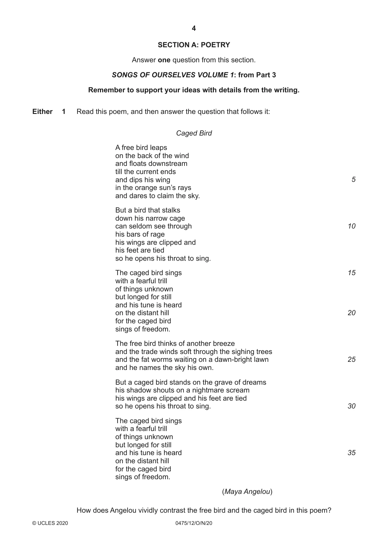 Cambridge IGCSE English - Literature in English 0475 2020 Oct/Nov Paper 1 · Variant 2 question paper, page 4 of 28