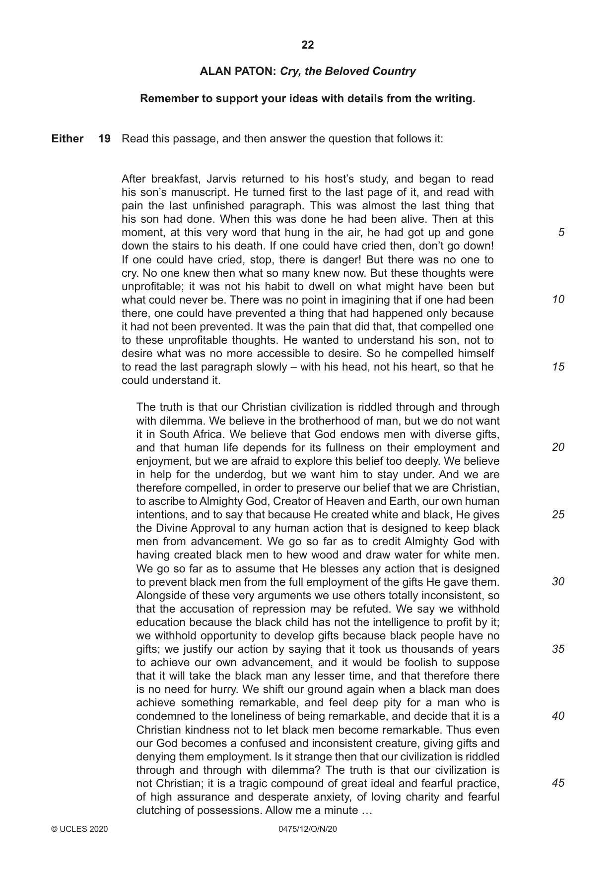 Cambridge IGCSE English - Literature in English 0475 2020 Oct/Nov Paper 1 · Variant 2 question paper, page 22 of 28