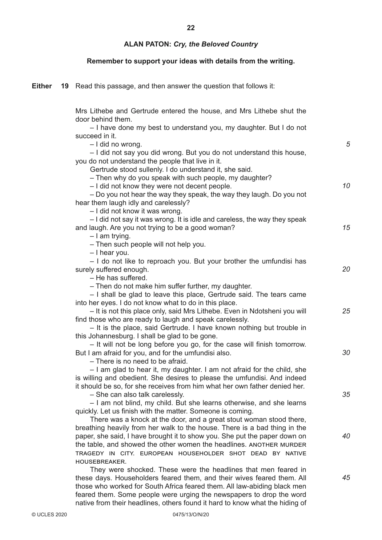 Cambridge IGCSE English - Literature in English 0475 2020 Oct/Nov Paper 1 · Variant 3 question paper, page 22 of 28