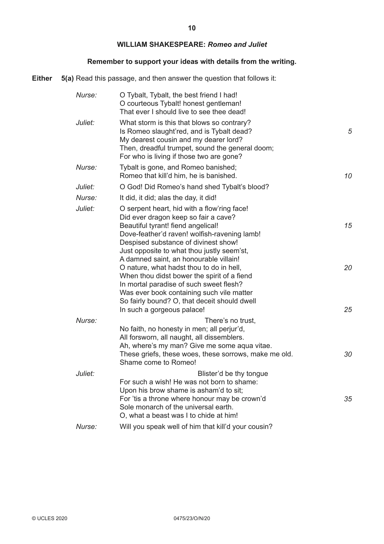 Cambridge IGCSE English - Literature in English 0475 2020 Oct/Nov Paper 2 · Variant 3 question paper, page 10 of 12