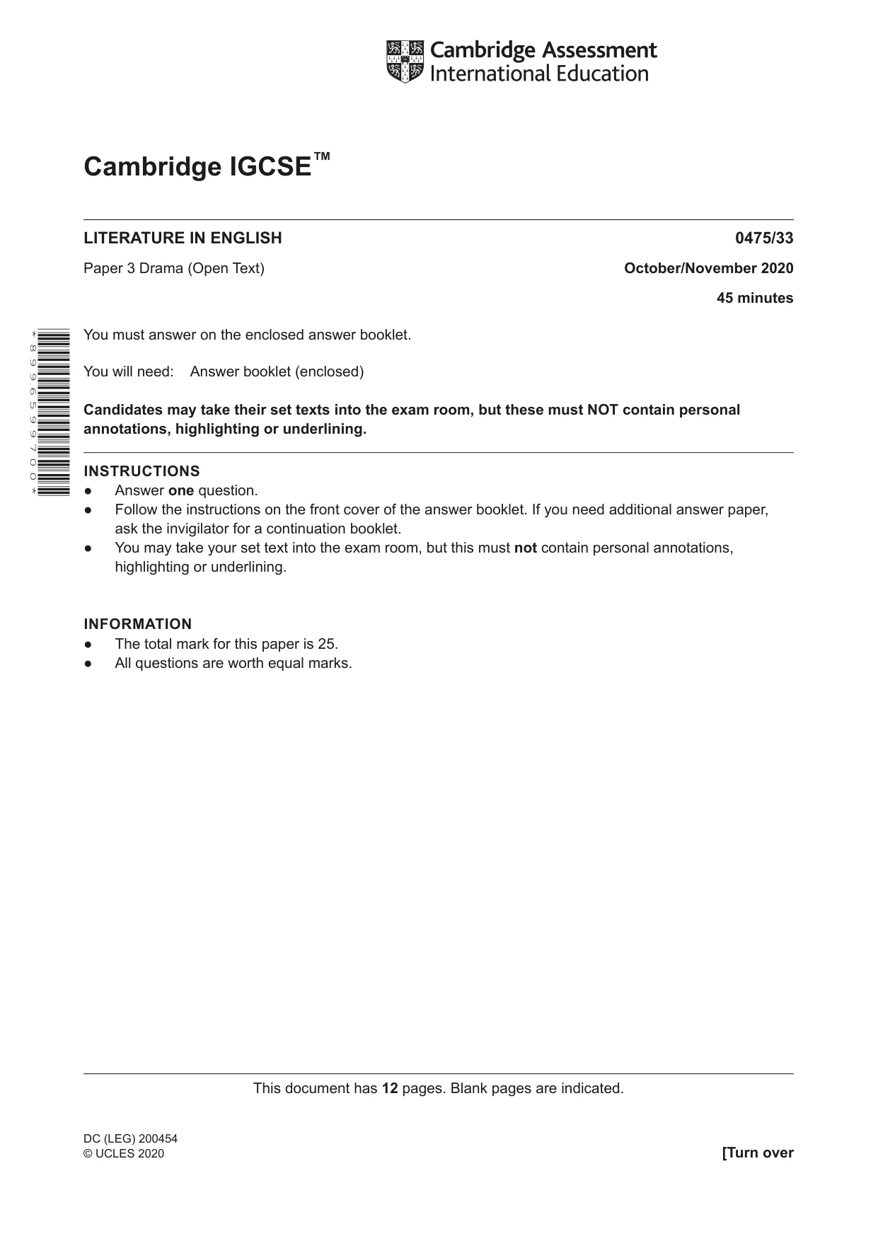 Cambridge IGCSE English - Literature in English 0475 2020 Oct/Nov Paper 3 · Variant 3 question paper, page 1 of 12