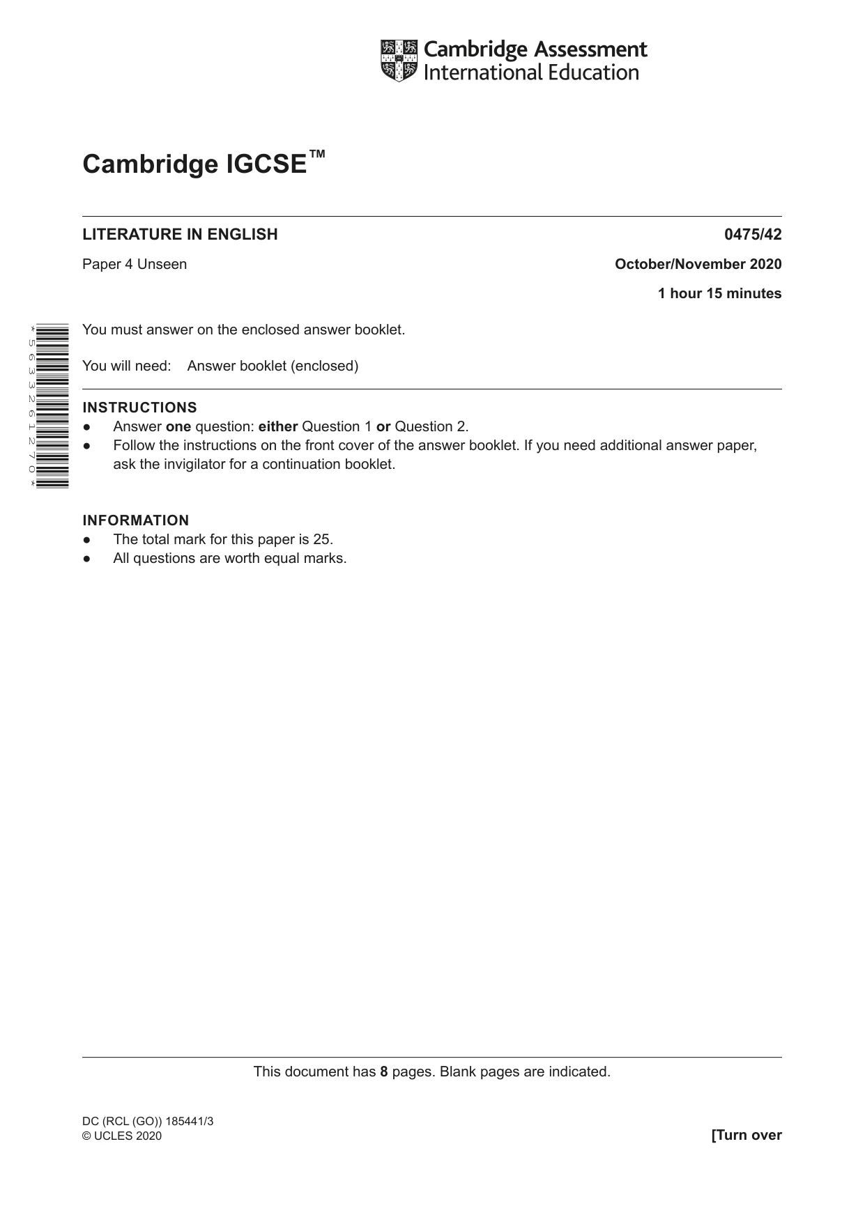 Cambridge IGCSE English - Literature in English 0475 2020 Oct/Nov Paper 4 · Variant 2 question paper, page 1 of 8