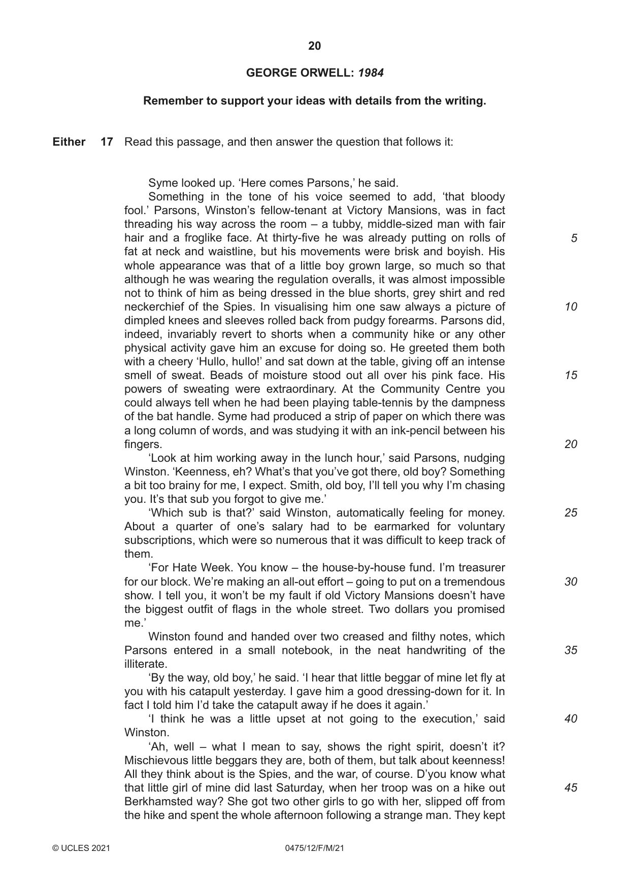 Cambridge IGCSE English - Literature in English 0475 2021 Feb/March Paper 1 · Variant 2 question paper, page 20 of 28