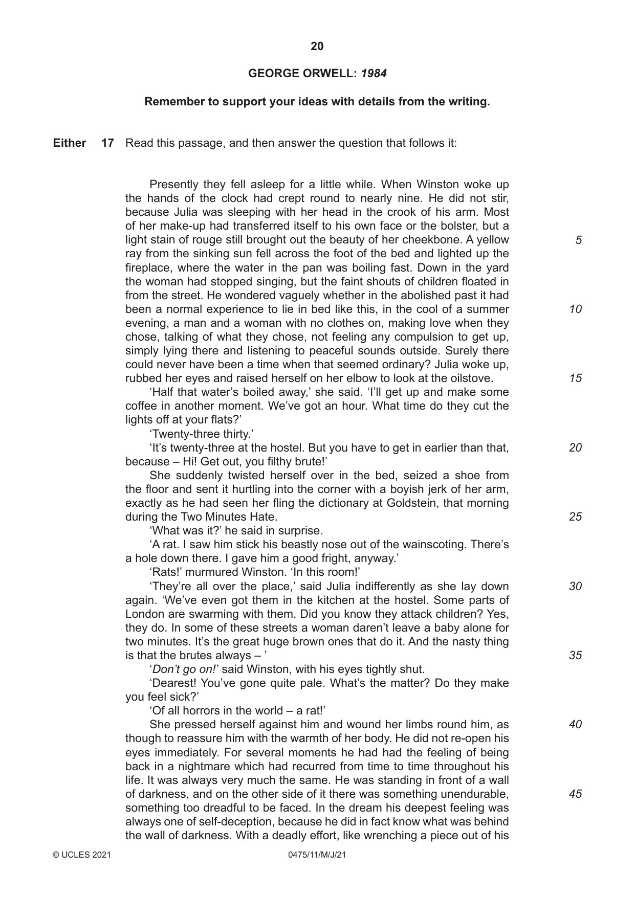 Cambridge IGCSE English - Literature in English 0475 2021 May/June Paper 1 · Variant 1 question paper, page 20 of 28