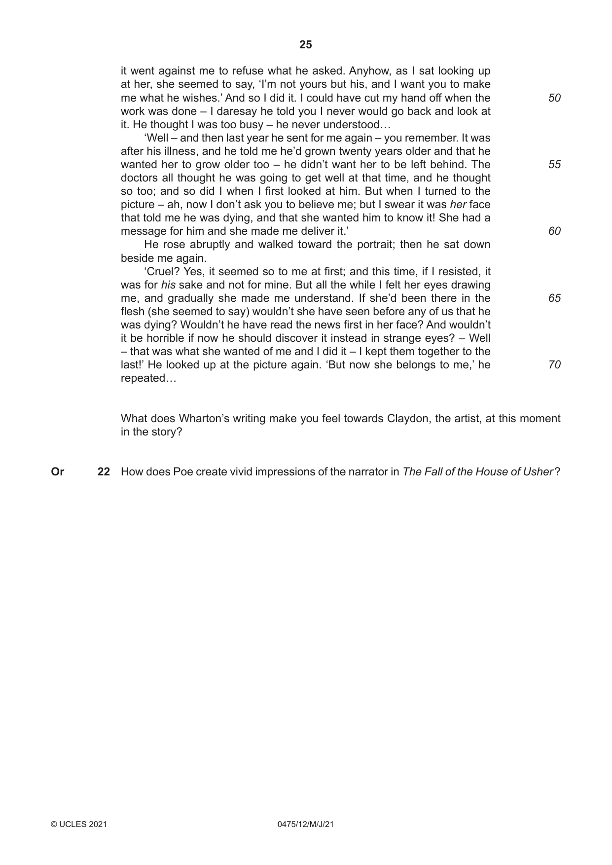 Cambridge IGCSE English - Literature in English 0475 2021 May/June Paper 1 · Variant 2 question paper, page 25 of 28