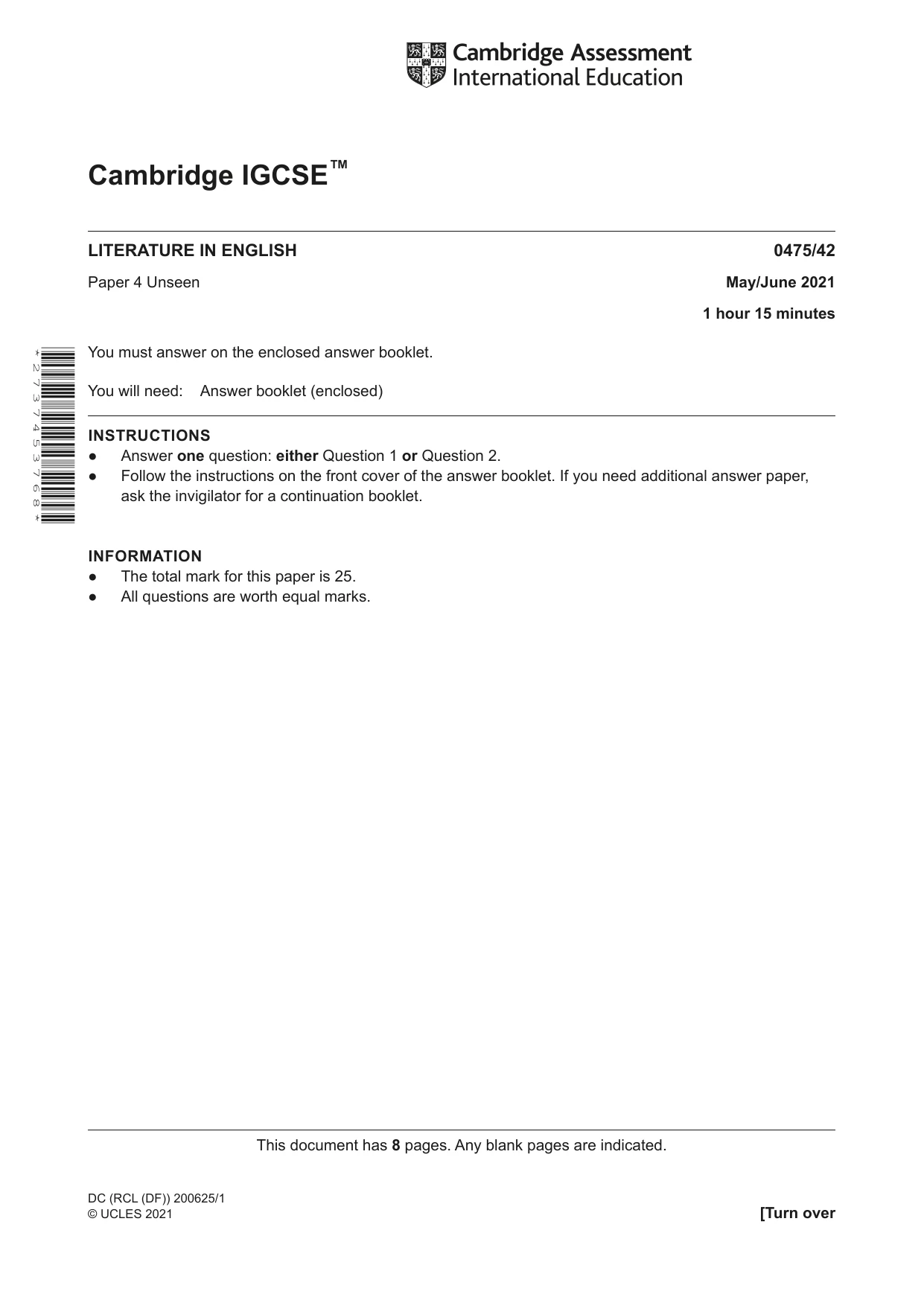 Cambridge IGCSE English - Literature in English 0475 2021 May/June Paper 4 · Variant 2 question paper, page 1 of 8