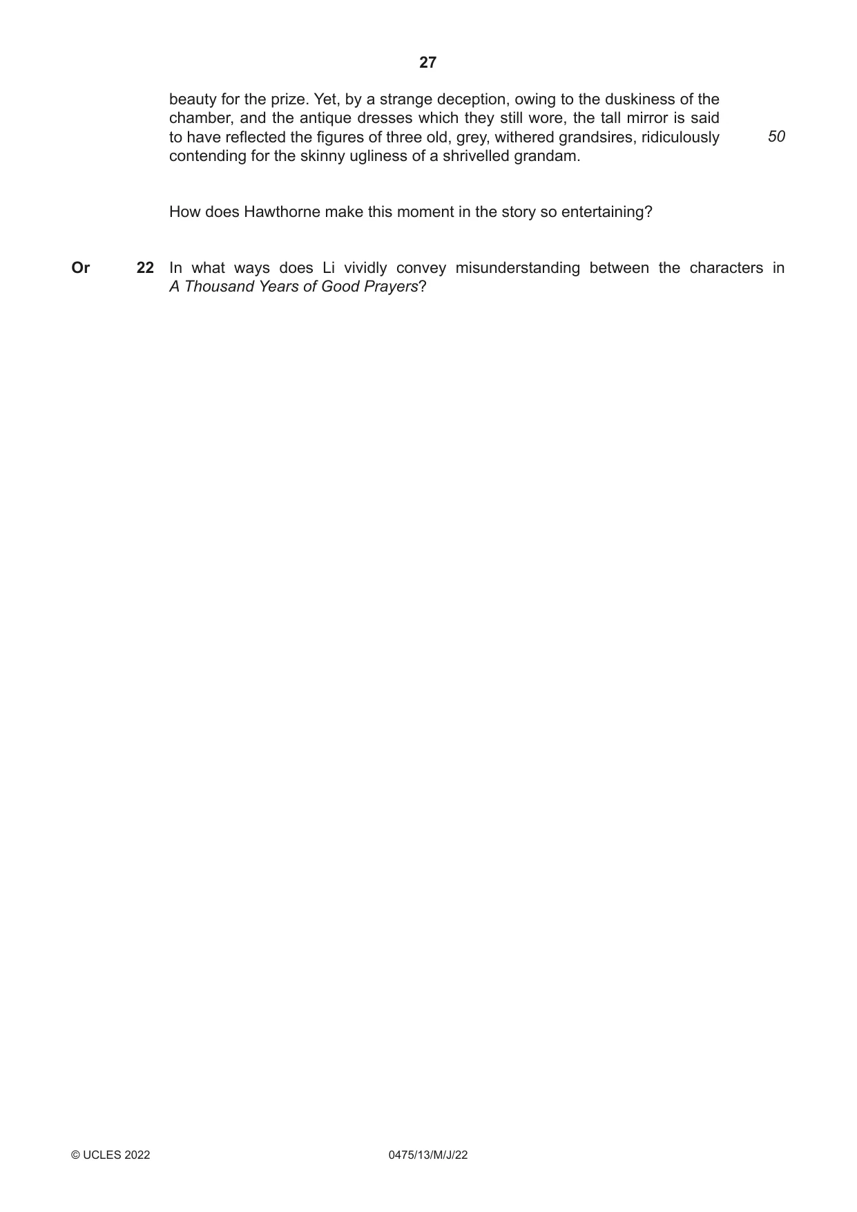 Cambridge IGCSE English - Literature in English 0475 2022 May/June Paper 1 · Variant 3 question paper, page 27 of 28