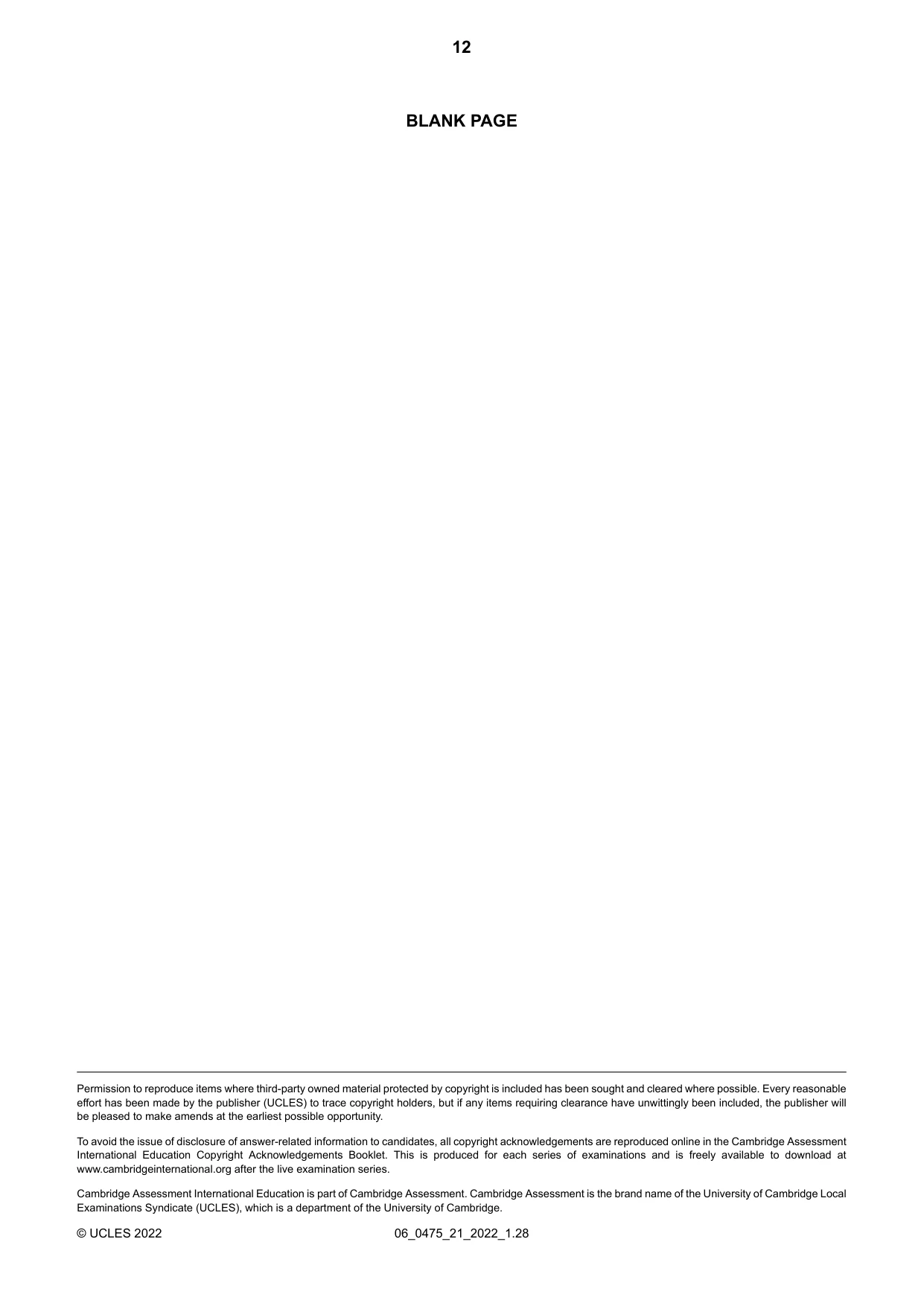 Cambridge IGCSE English - Literature in English 0475 2022 May/June Paper 2 · Variant 1 question paper, page 12 of 12