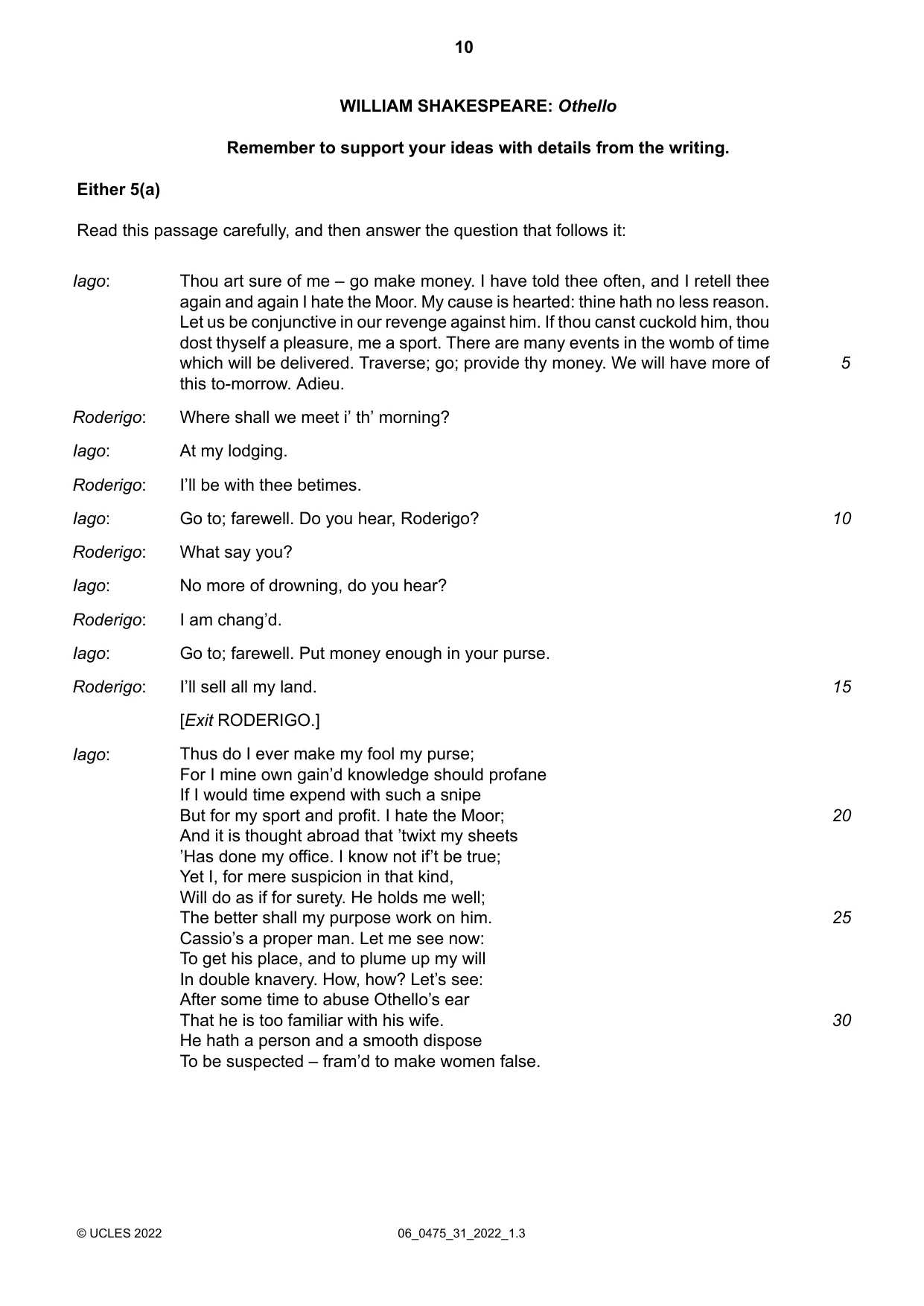 Cambridge IGCSE English - Literature in English 0475 2022 May/June Paper 3 · Variant 1 question paper, page 10 of 12