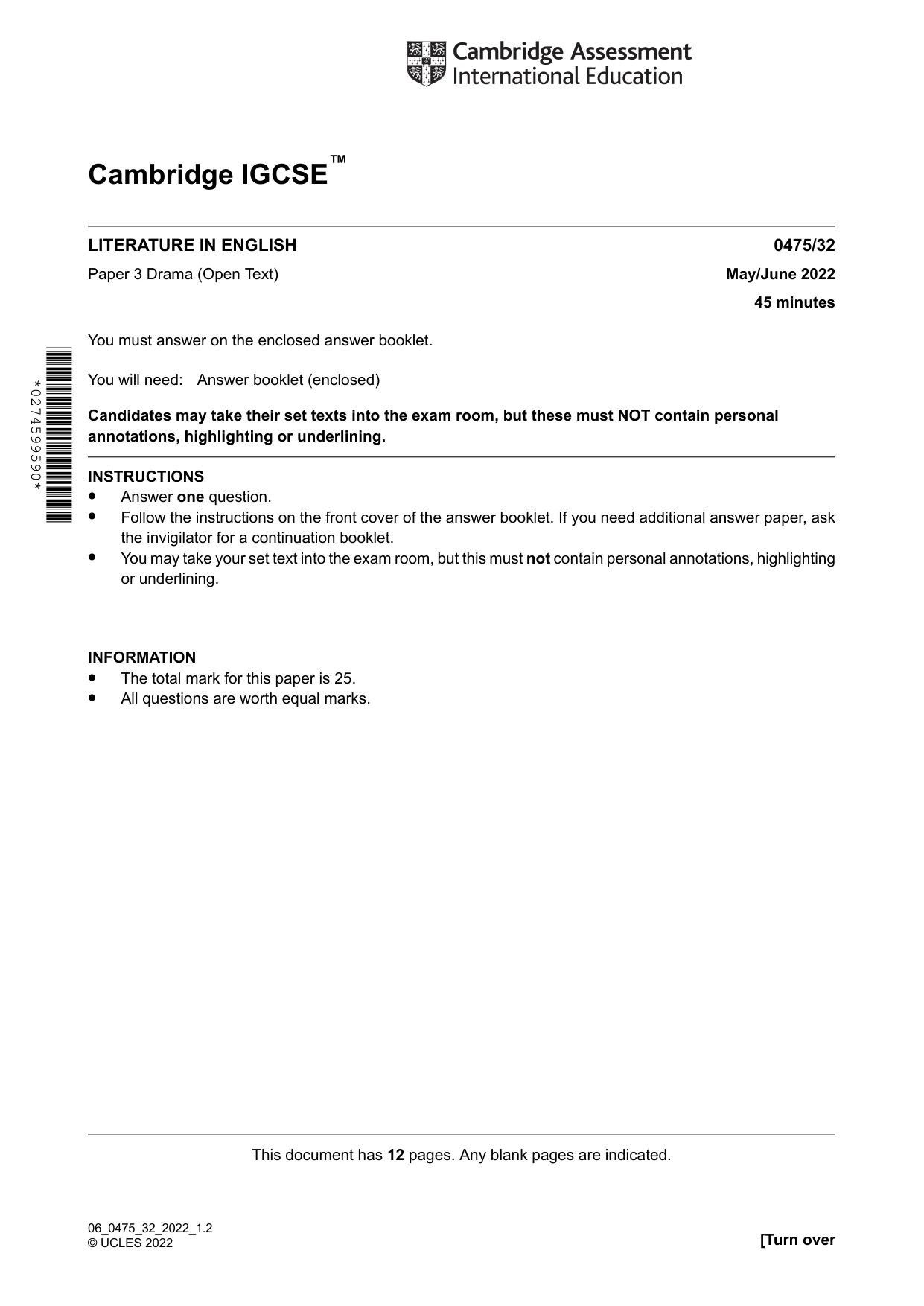 Cambridge IGCSE English - Literature in English 0475 2022 May/June Paper 3 · Variant 2 question paper, page 1 of 12