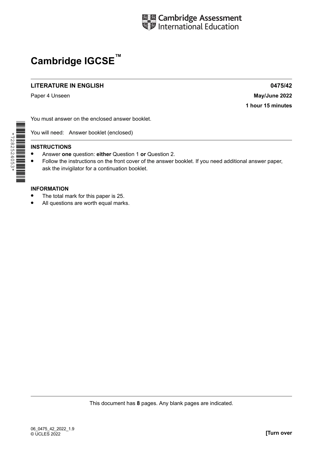 Cambridge IGCSE English - Literature in English 0475 2022 May/June Paper 4 · Variant 2 question paper, page 1 of 8