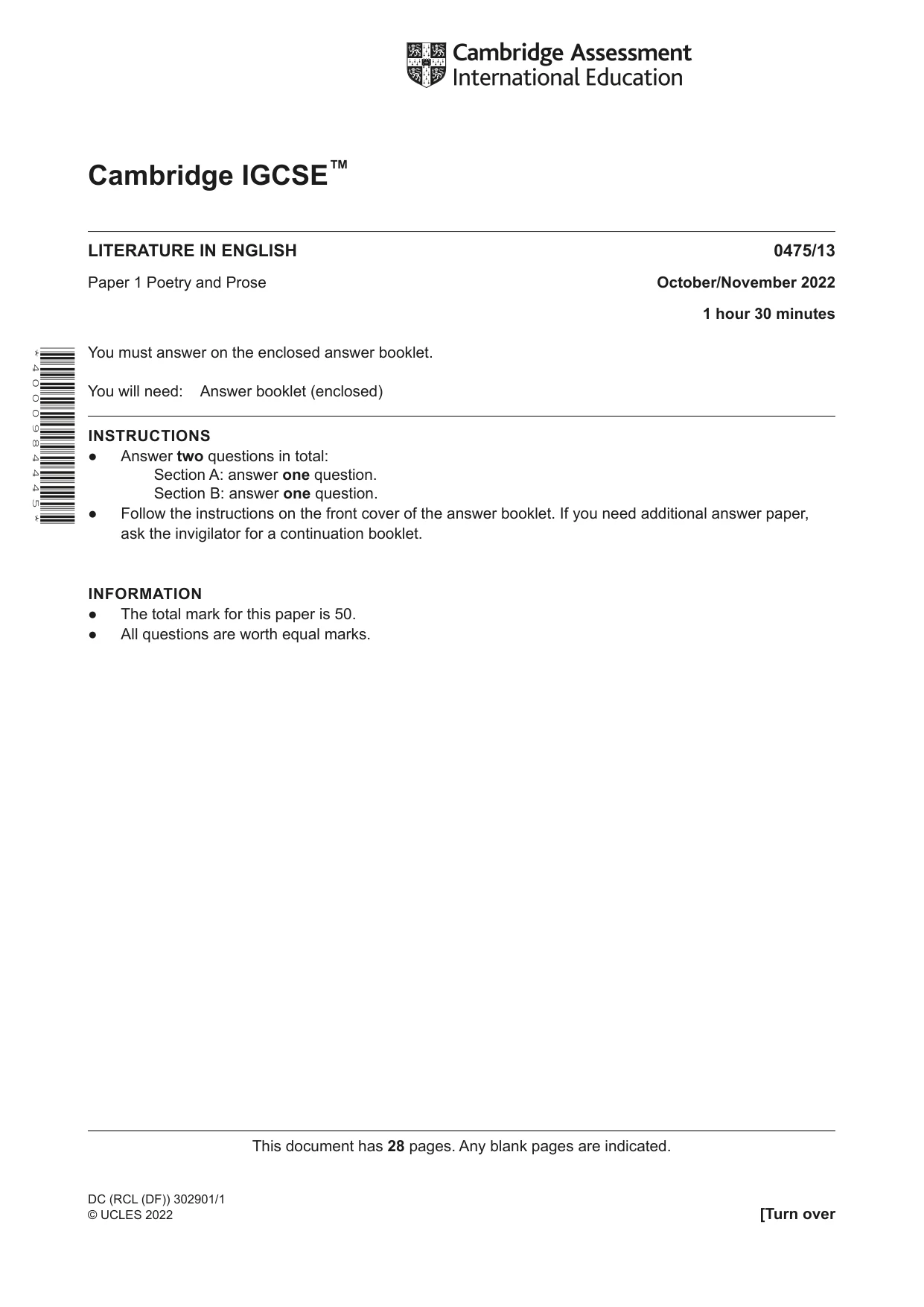 Cambridge IGCSE English - Literature in English 0475 2022 Oct/Nov Paper 1 · Variant 3 question paper, page 1 of 28