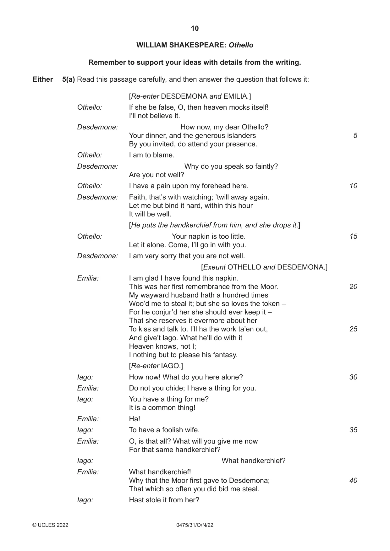 Cambridge IGCSE English - Literature in English 0475 2022 Oct/Nov Paper 3 · Variant 1 question paper, page 10 of 12