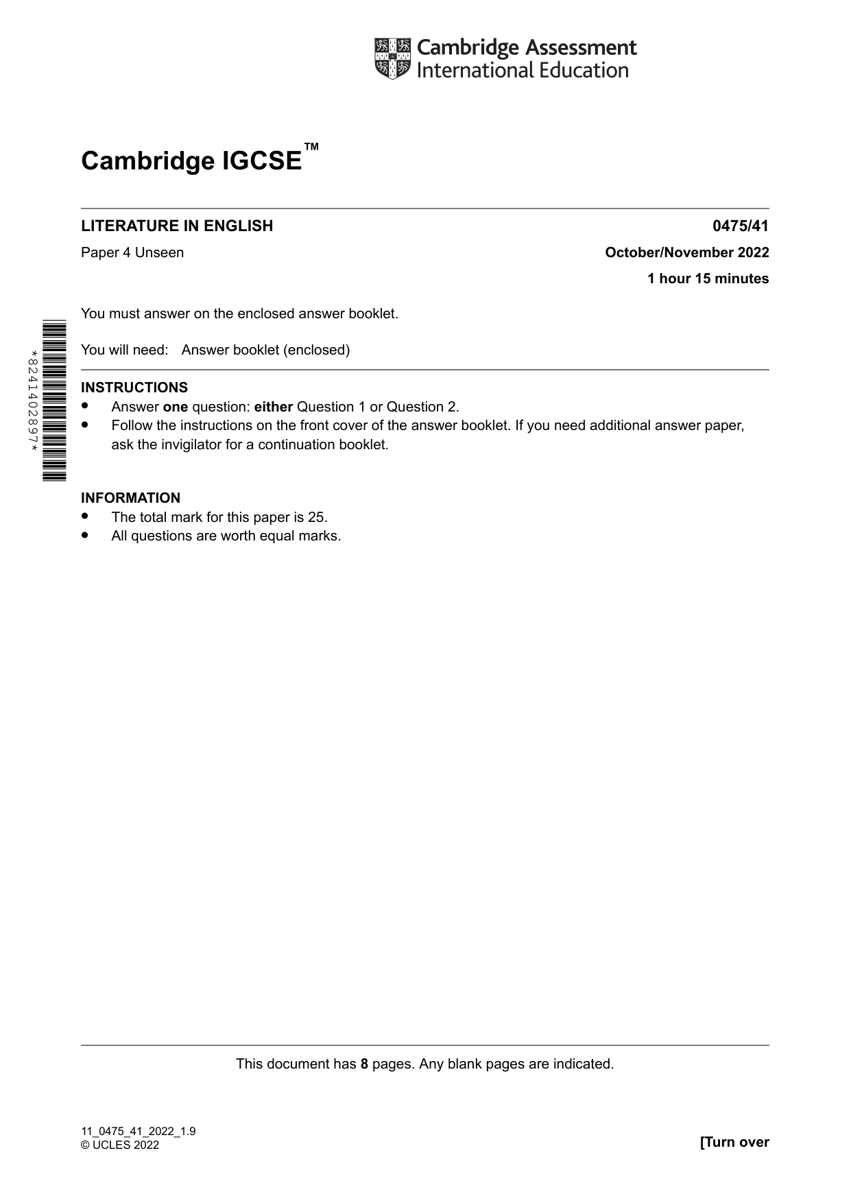 Cambridge IGCSE English - Literature in English 0475 2022 Oct/Nov Paper 4 · Variant 1 question paper, page 1 of 8