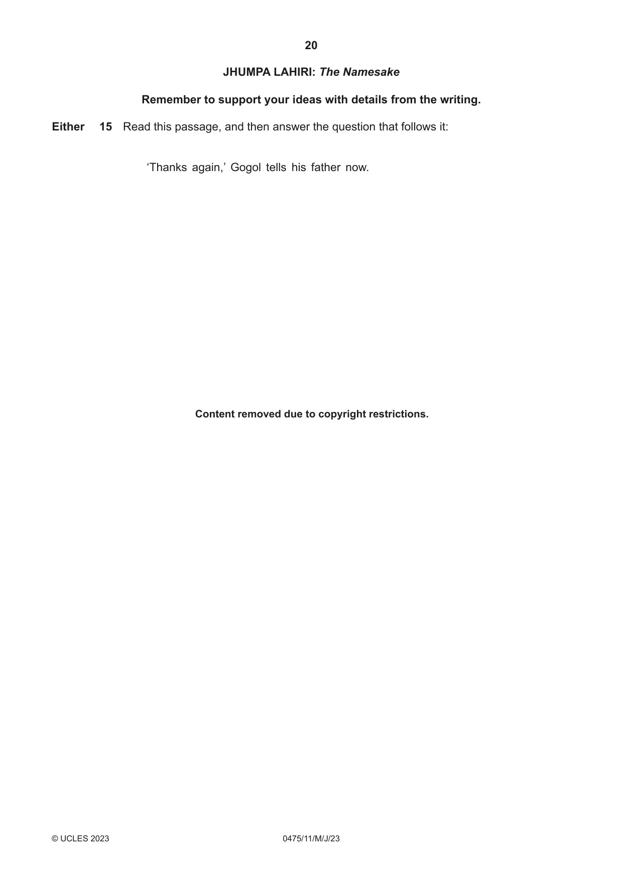 Cambridge IGCSE English - Literature in English 0475 2023 May/June Paper 1 · Variant 1 question paper, page 20 of 28