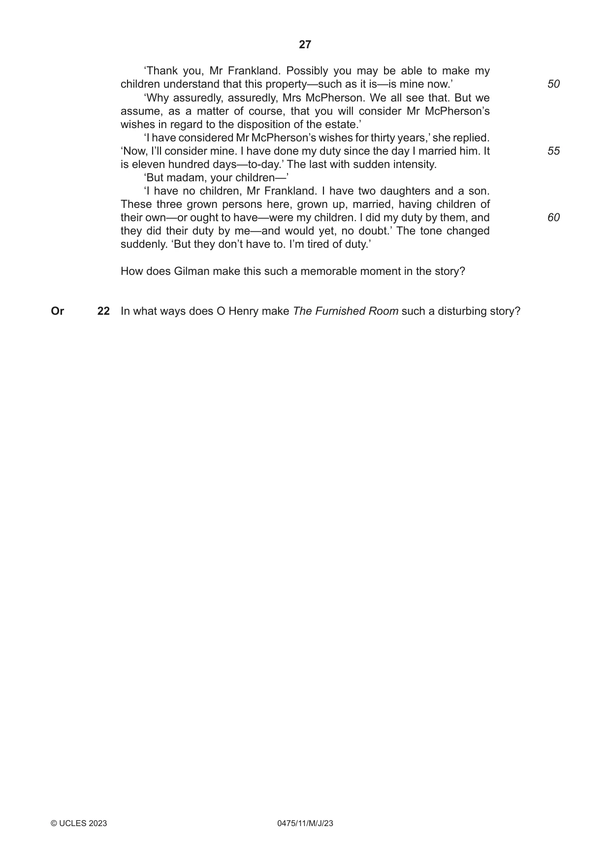 Cambridge IGCSE English - Literature in English 0475 2023 May/June Paper 1 · Variant 1 question paper, page 27 of 28