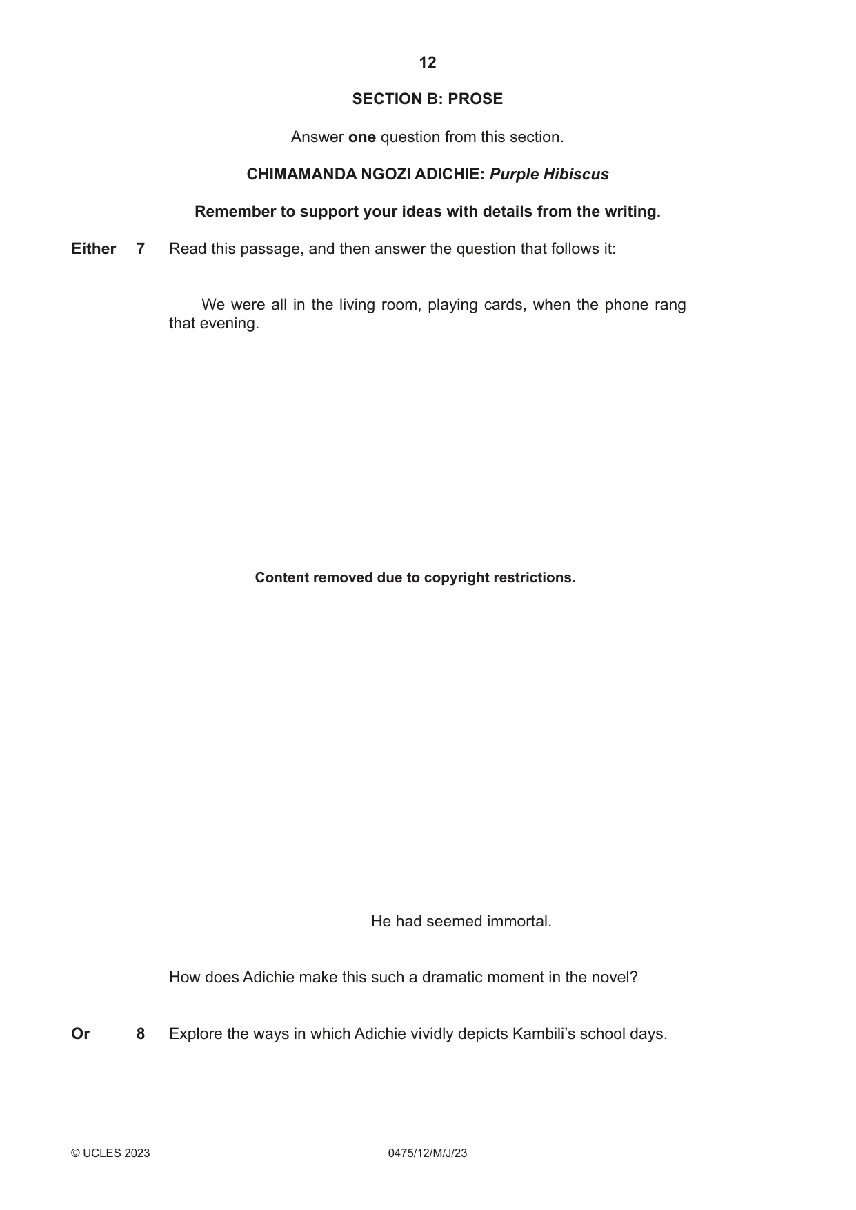 Cambridge IGCSE English - Literature in English 0475 2023 May/June Paper 1 · Variant 2 question paper, page 12 of 28