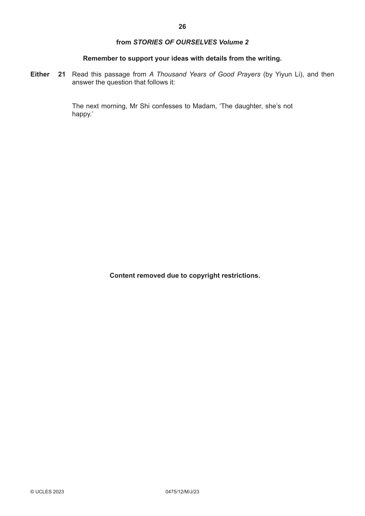 Cambridge IGCSE English - Literature in English 0475 2023 May/June Paper 1 · Variant 2 question paper, page 26 of 28