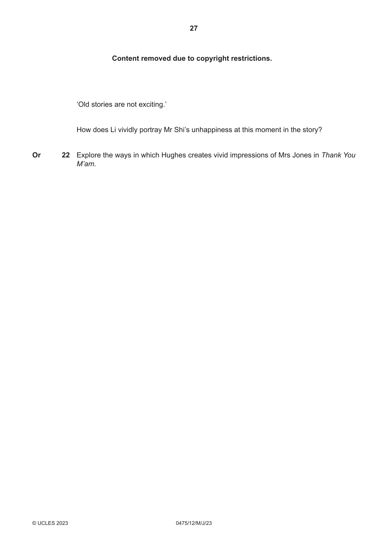 Cambridge IGCSE English - Literature in English 0475 2023 May/June Paper 1 · Variant 2 question paper, page 27 of 28