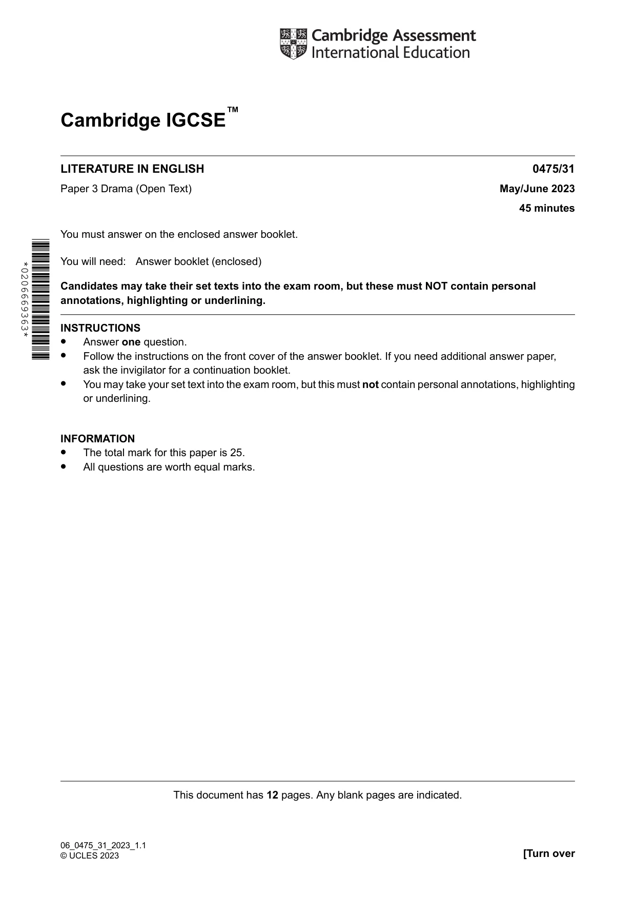 Cambridge IGCSE English - Literature in English 0475 2023 May/June Paper 3 · Variant 1 question paper, page 1 of 12