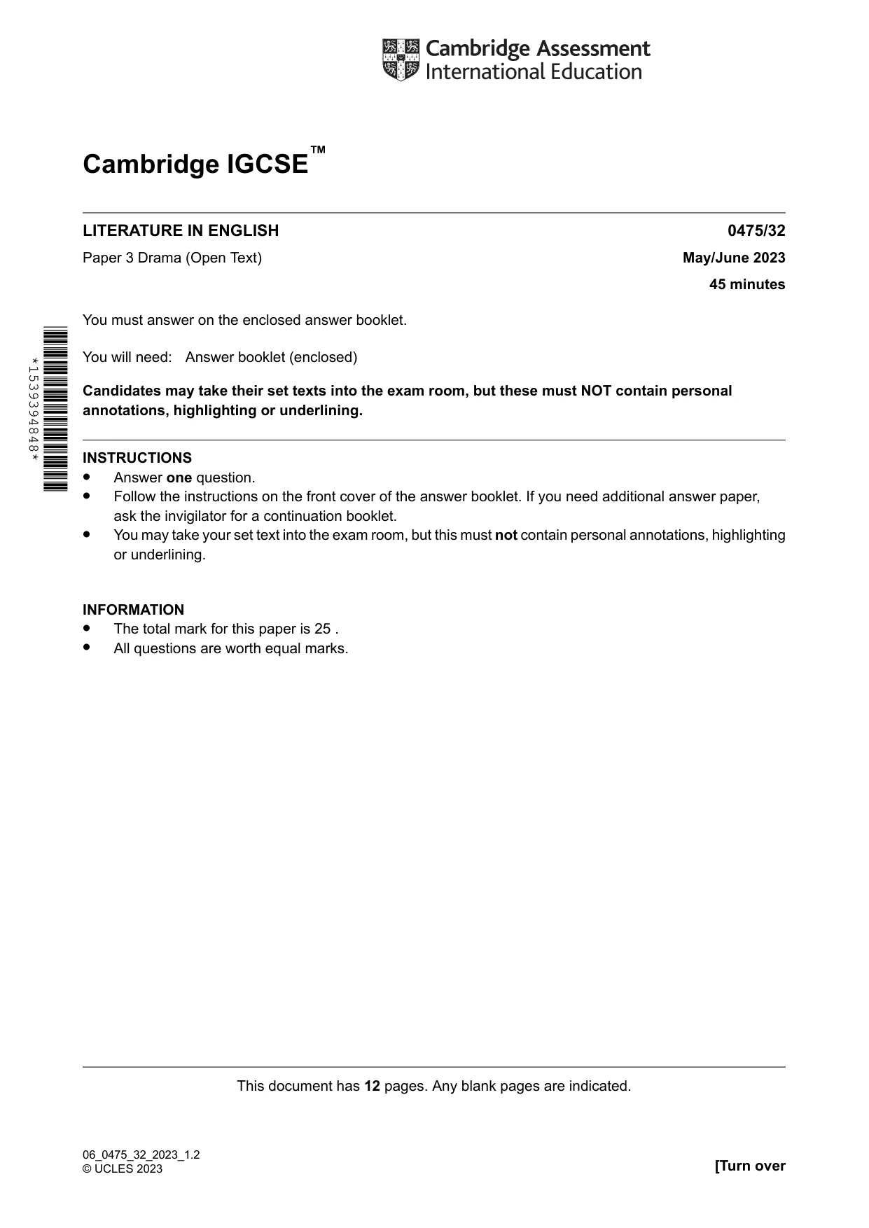 Cambridge IGCSE English - Literature in English 0475 2023 May/June Paper 3 · Variant 2 question paper, page 1 of 12