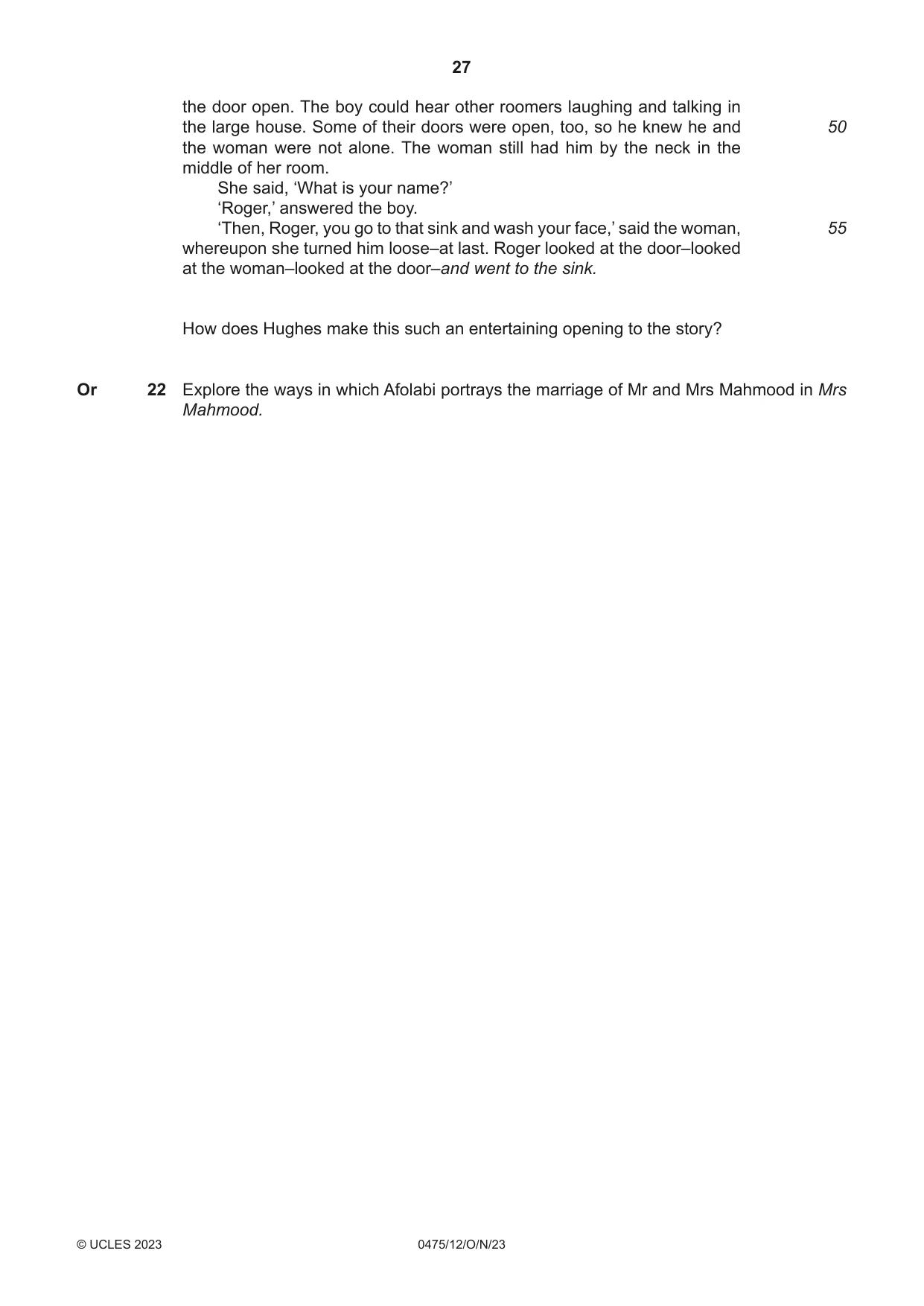 Cambridge IGCSE English - Literature in English 0475 2023 Oct/Nov Paper 1 · Variant 2 question paper, page 27 of 28