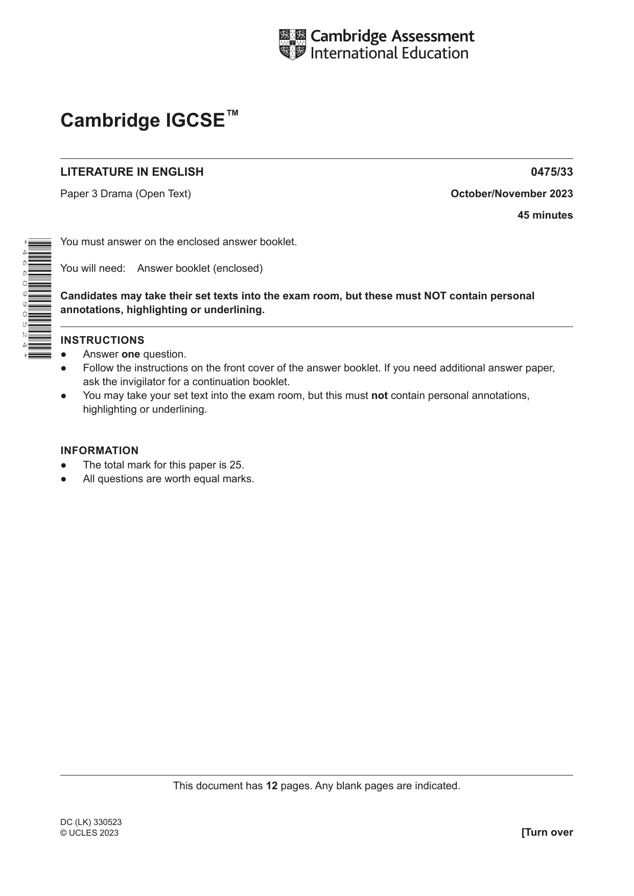 Cambridge IGCSE English - Literature in English 0475 2023 Oct/Nov Paper 3 · Variant 3 question paper, page 1 of 12