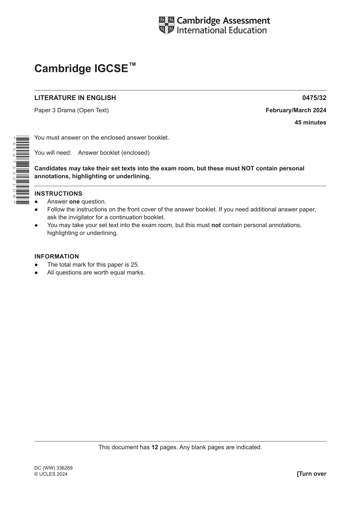 Cambridge IGCSE English - Literature in English 0475 2024 Feb/March Paper 3 · Variant 2 question paper, page 1 of 12