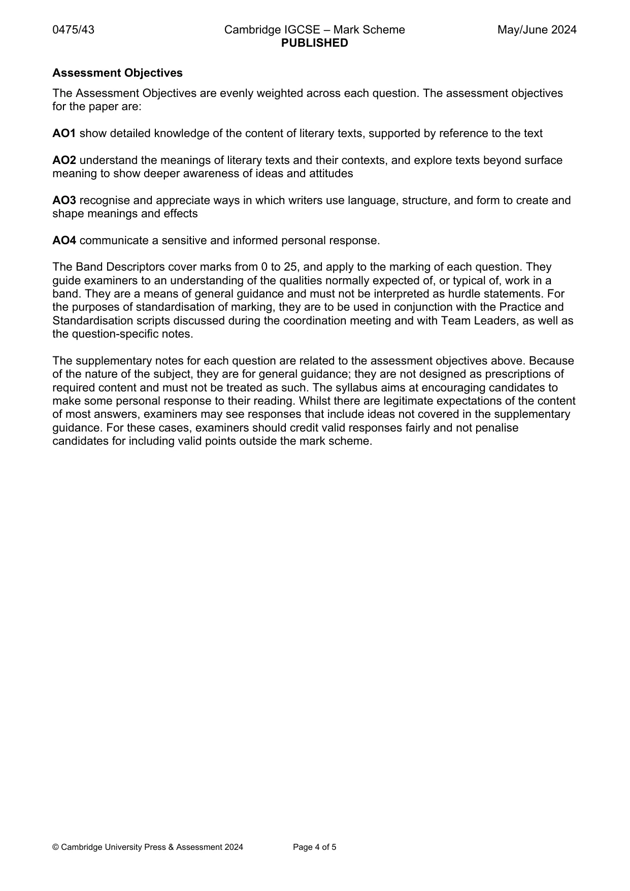 Mark scheme, page 4 of 5