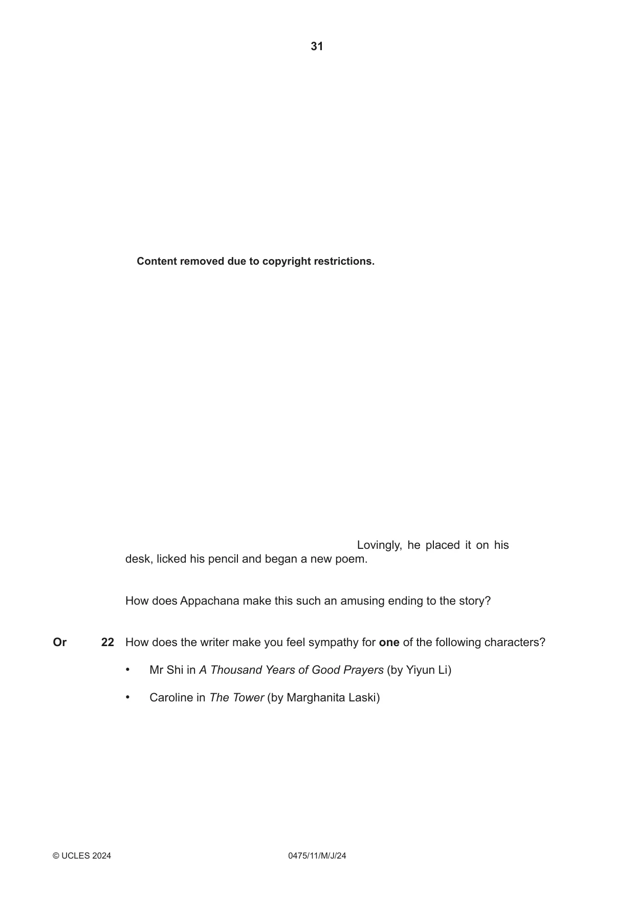 Cambridge IGCSE English - Literature in English 0475 2024 May/June Paper 1 · Variant 1 question paper, page 31 of 32