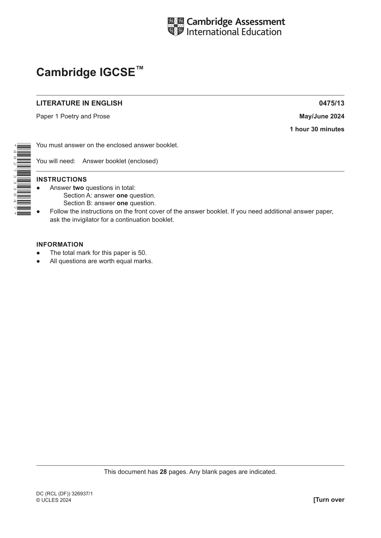 Cambridge IGCSE English - Literature in English 0475 2024 May/June Paper 1 · Variant 3 question paper, page 1 of 28