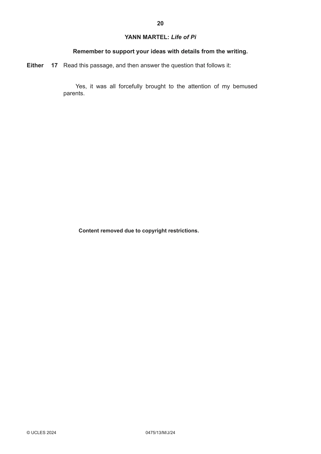Cambridge IGCSE English - Literature in English 0475 2024 May/June Paper 1 · Variant 3 question paper, page 20 of 28