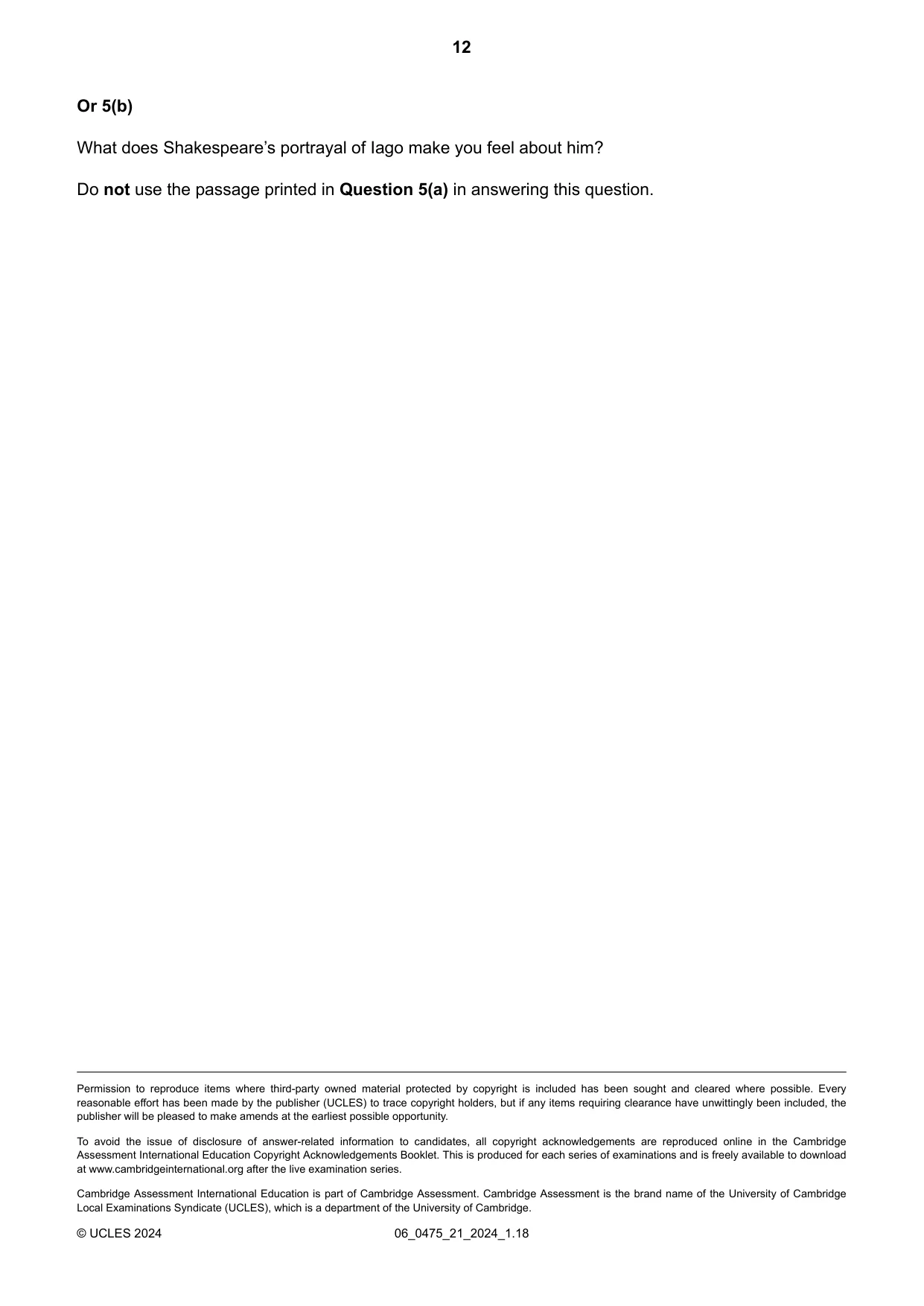 Cambridge IGCSE English - Literature in English 0475 2024 May/June Paper 2 · Variant 1 question paper, page 12 of 12
