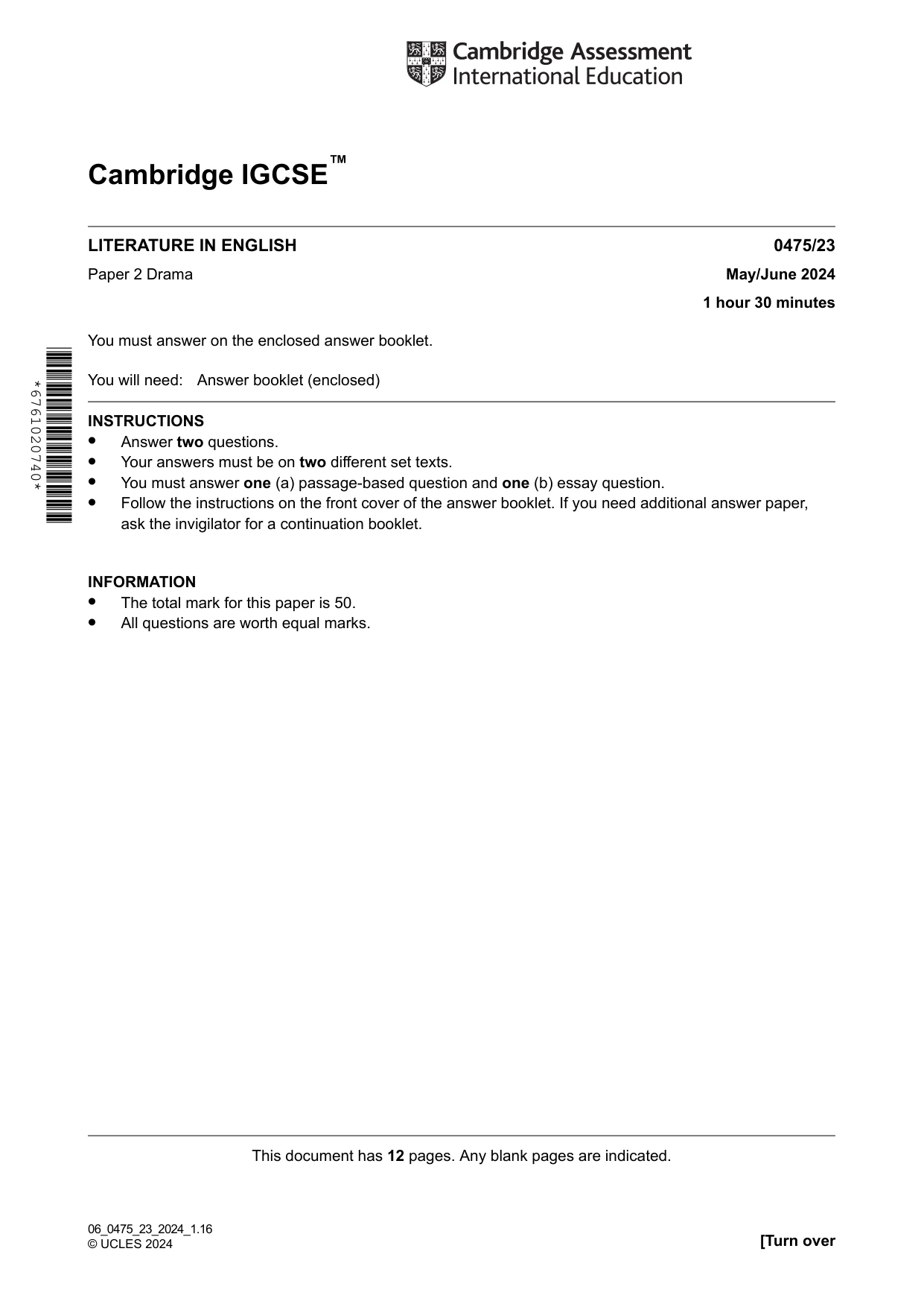 Cambridge IGCSE English - Literature in English 0475 2024 May/June Paper 2 · Variant 3 question paper, page 1 of 12