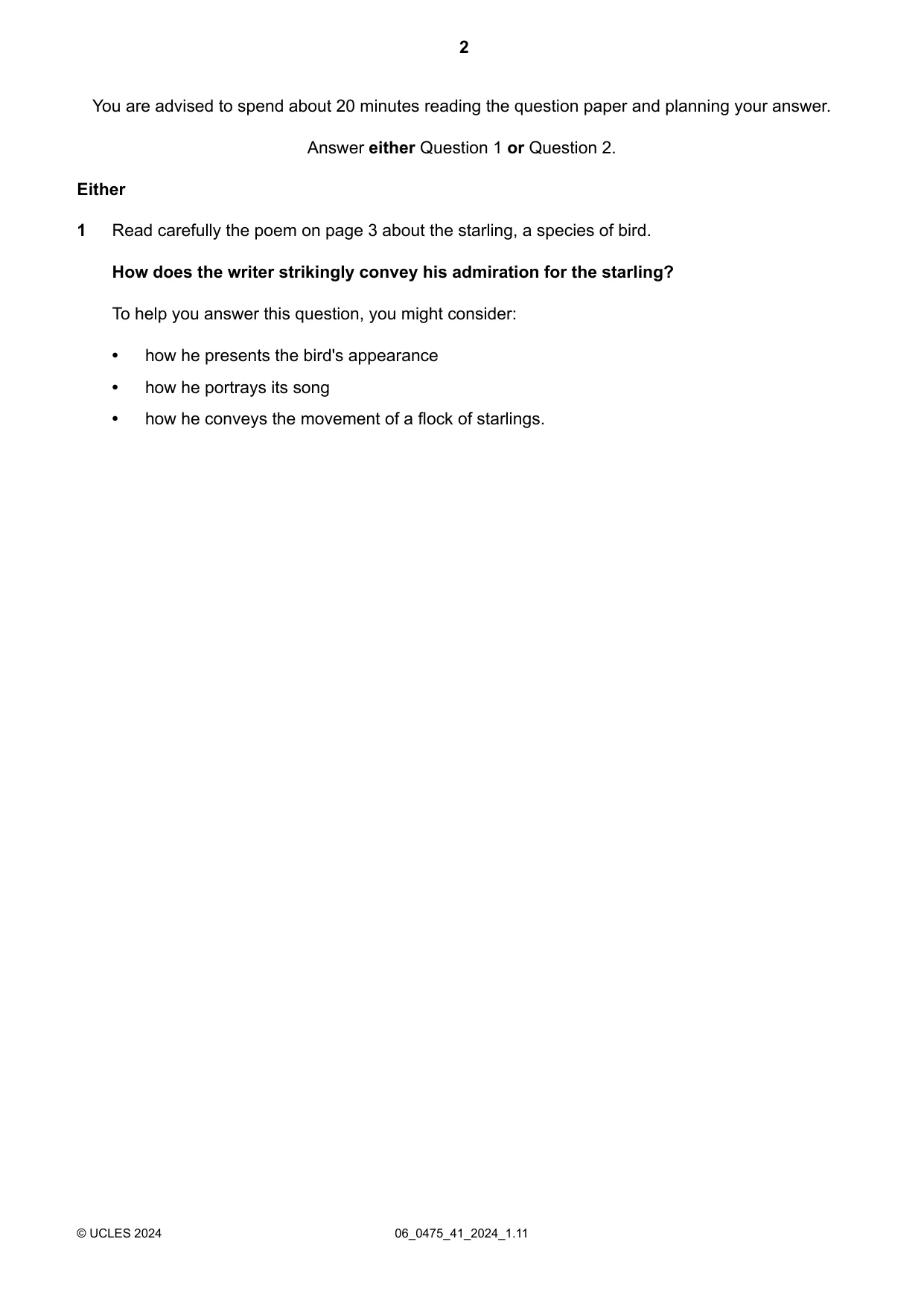 Cambridge IGCSE English - Literature in English 0475 2024 May/June Paper 4 · Variant 1 question paper, page 2 of 8