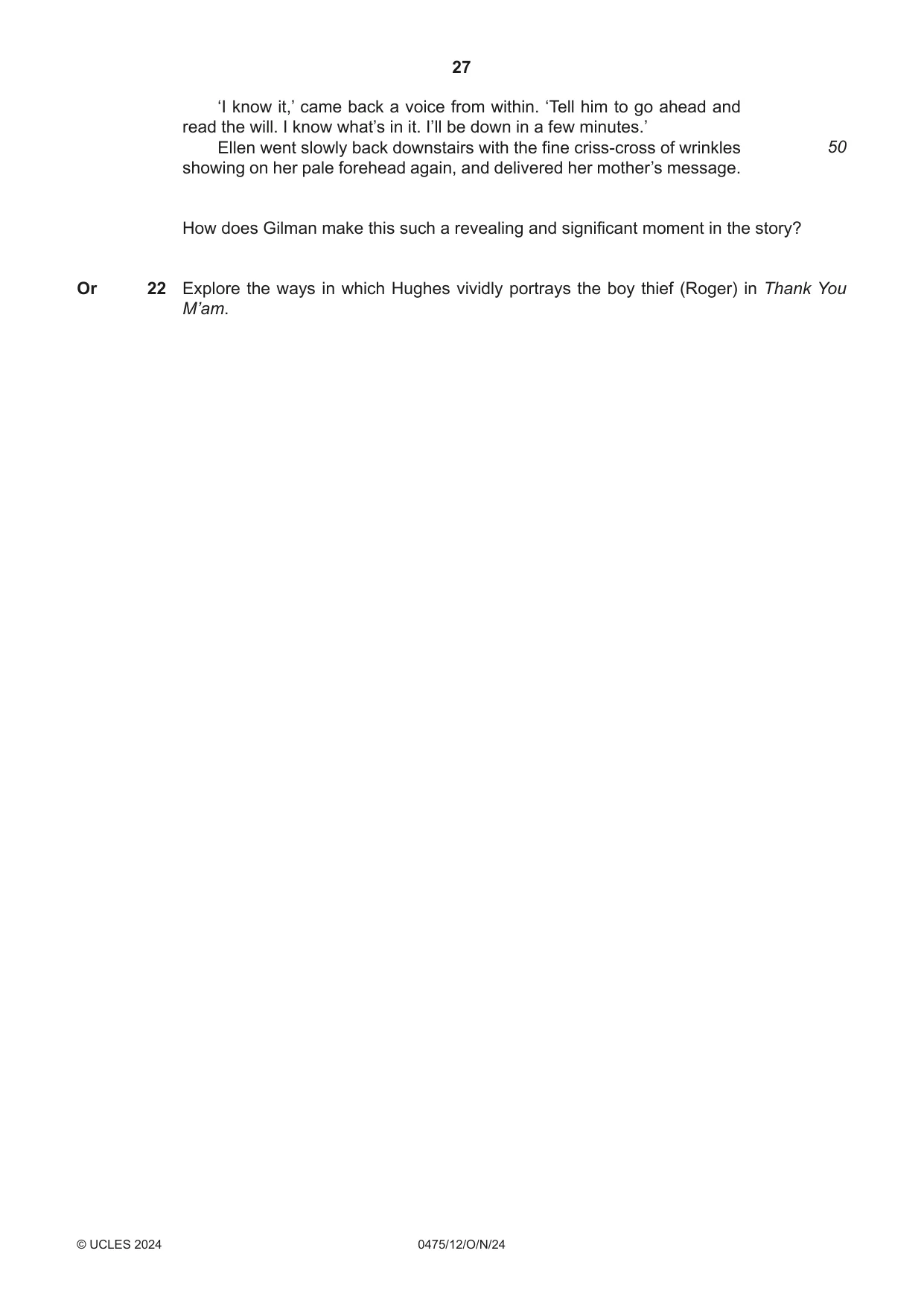 Cambridge IGCSE English - Literature in English 0475 2024 Oct/Nov Paper 1 · Variant 2 question paper, page 27 of 28