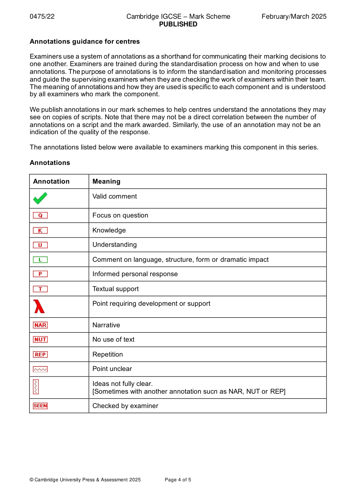 Mark scheme, page 4 of 5