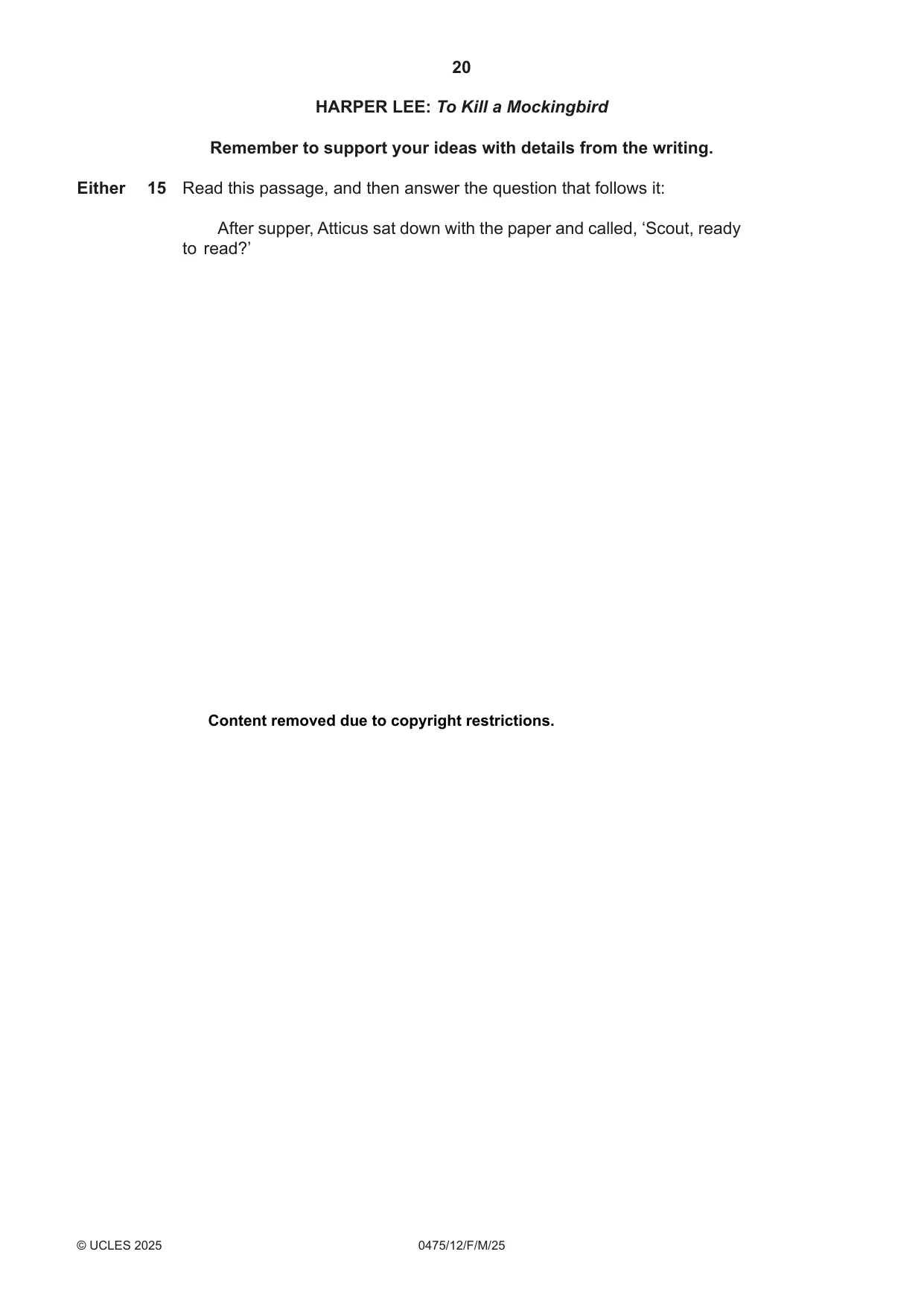 Cambridge IGCSE English - Literature in English 0475 2025 Feb/March Paper 1 · Variant 2 question paper, page 20 of 28