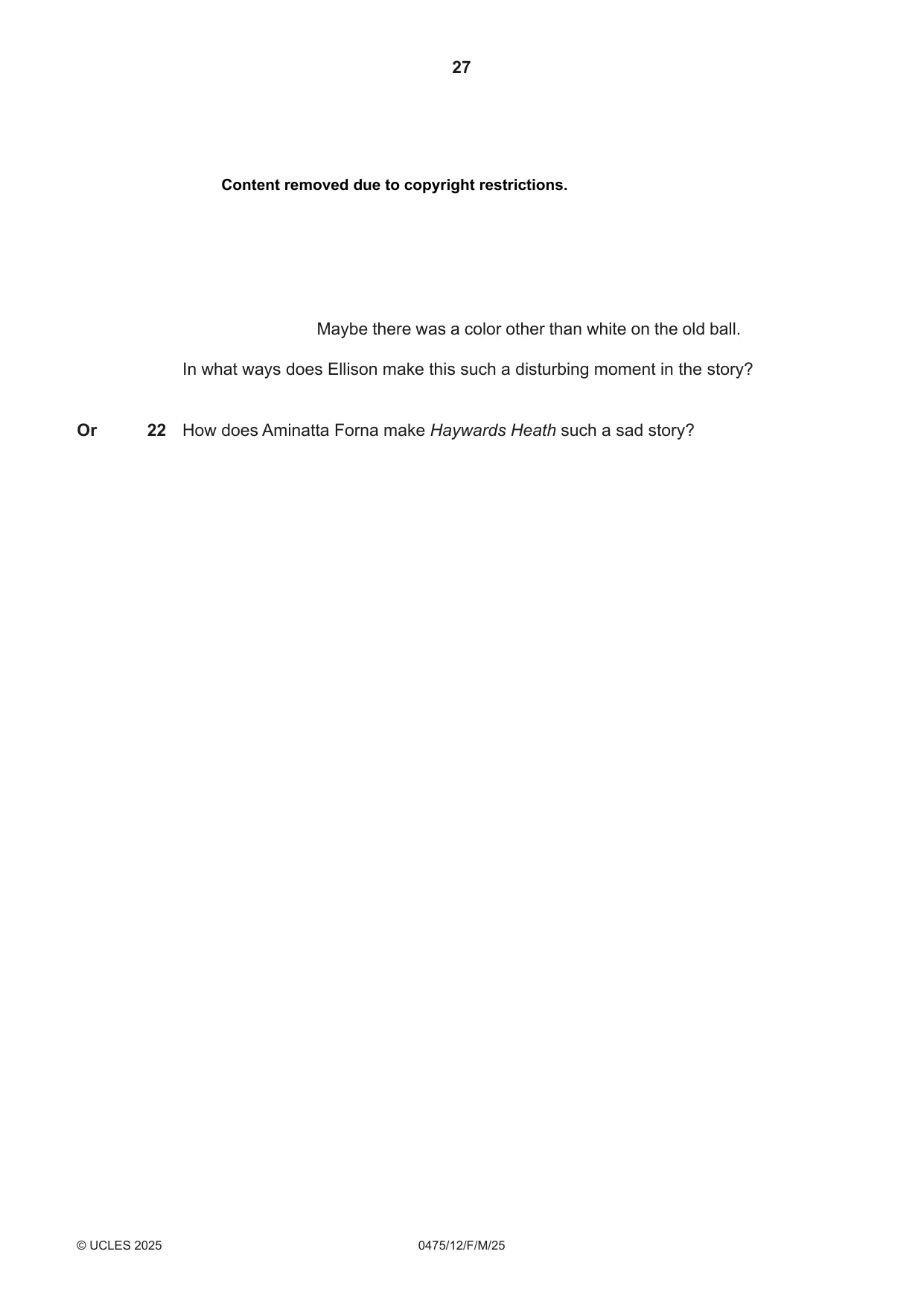 Cambridge IGCSE English - Literature in English 0475 2025 Feb/March Paper 1 · Variant 2 question paper, page 27 of 28