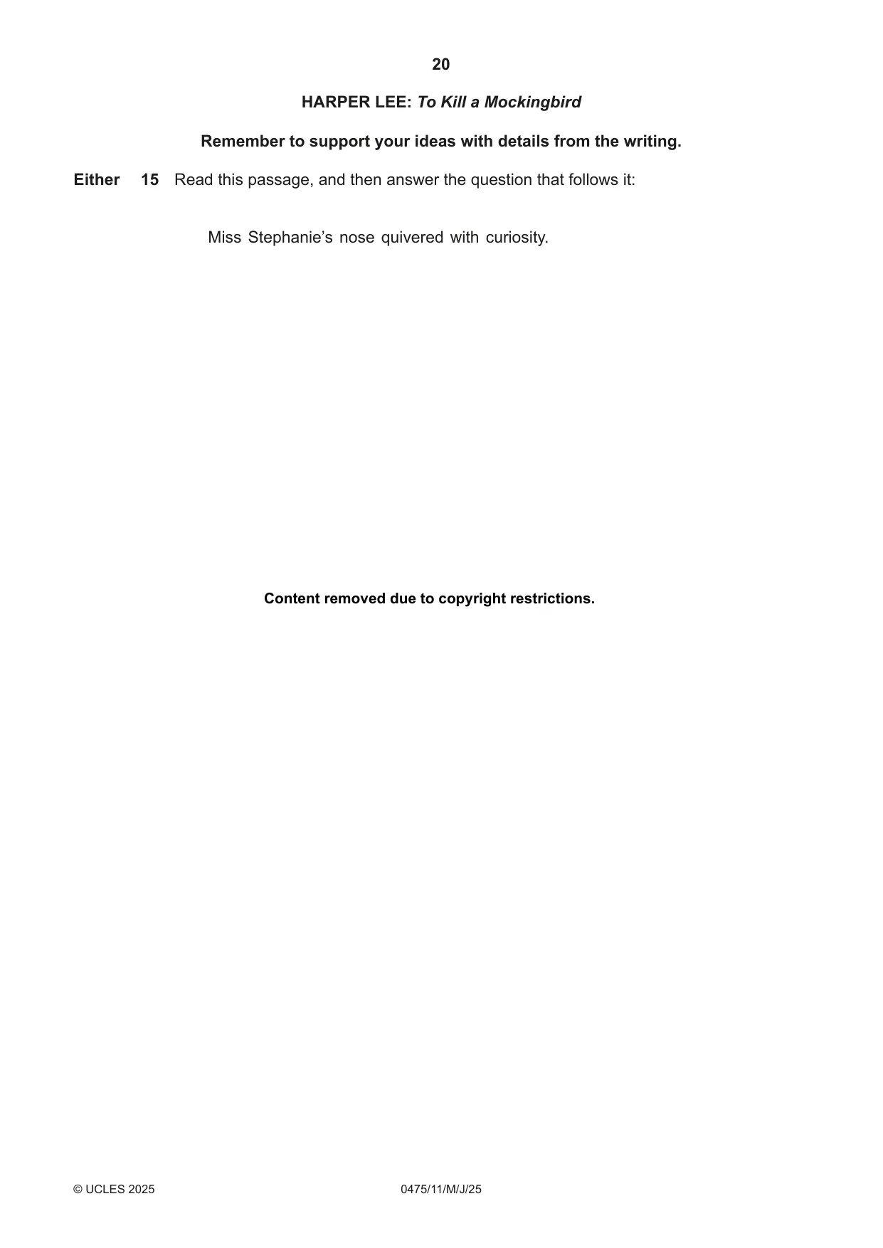 Cambridge IGCSE English - Literature in English 0475 2025 May/June Paper 1 · Variant 1 question paper, page 20 of 28