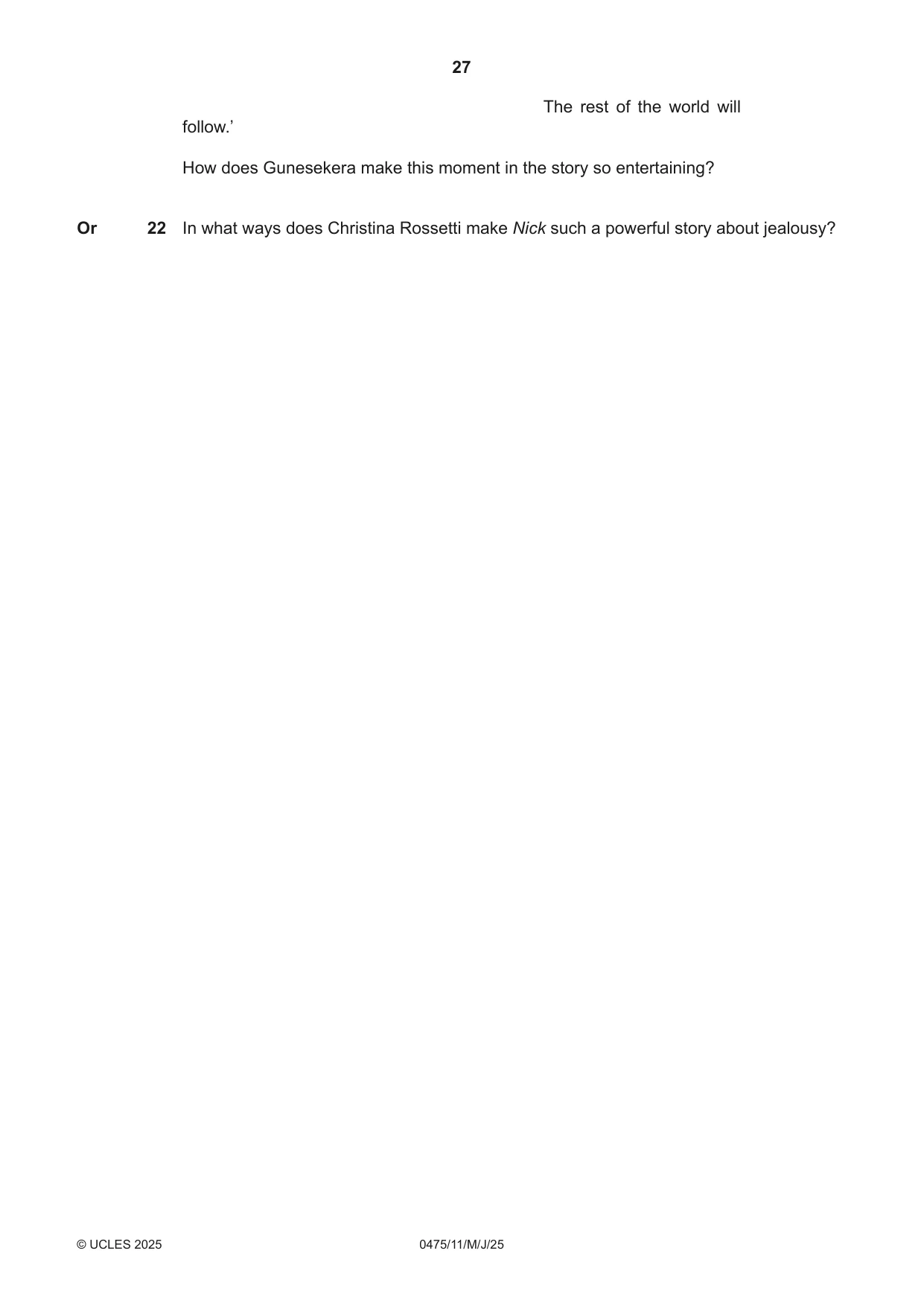 Cambridge IGCSE English - Literature in English 0475 2025 May/June Paper 1 · Variant 1 question paper, page 27 of 28