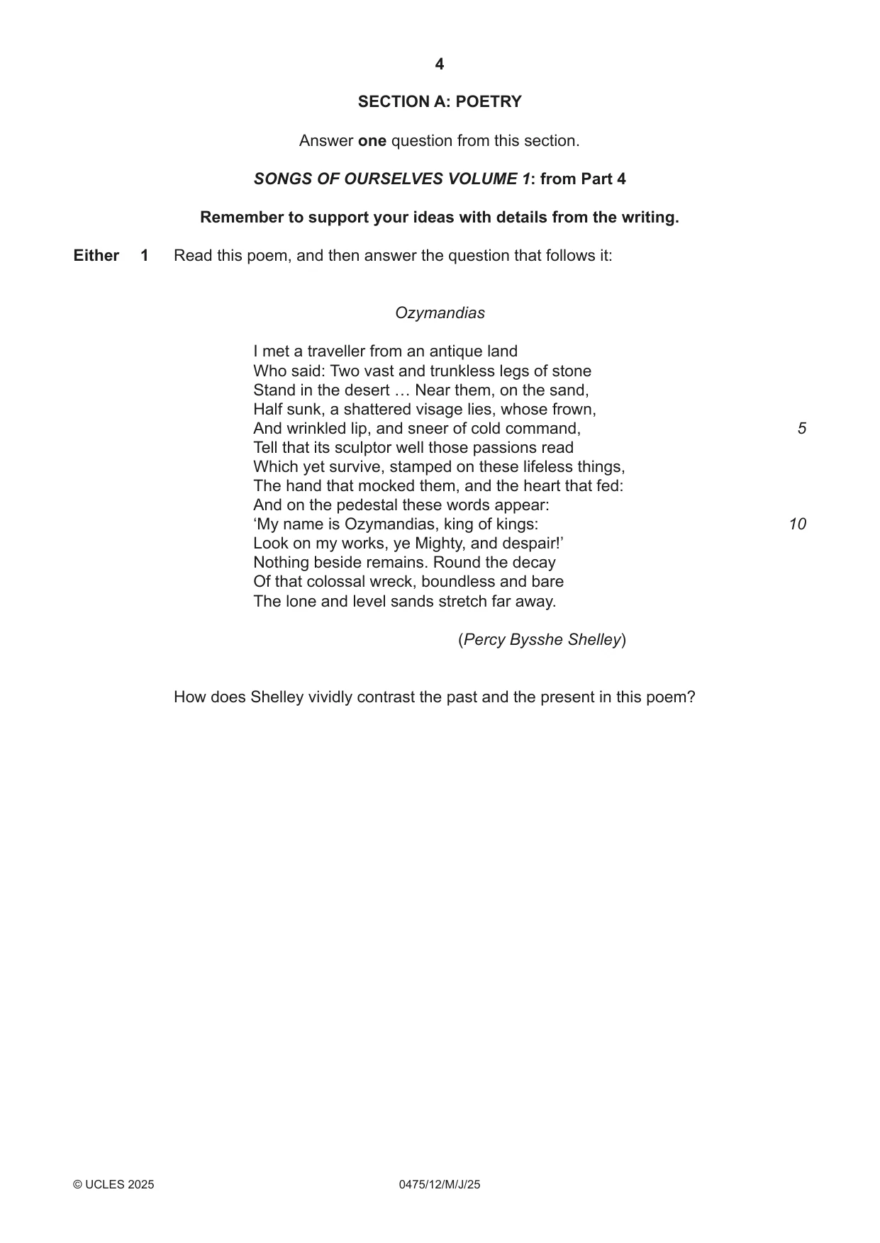Cambridge IGCSE English - Literature in English 0475 2025 May/June Paper 1 · Variant 2 question paper, page 4 of 28